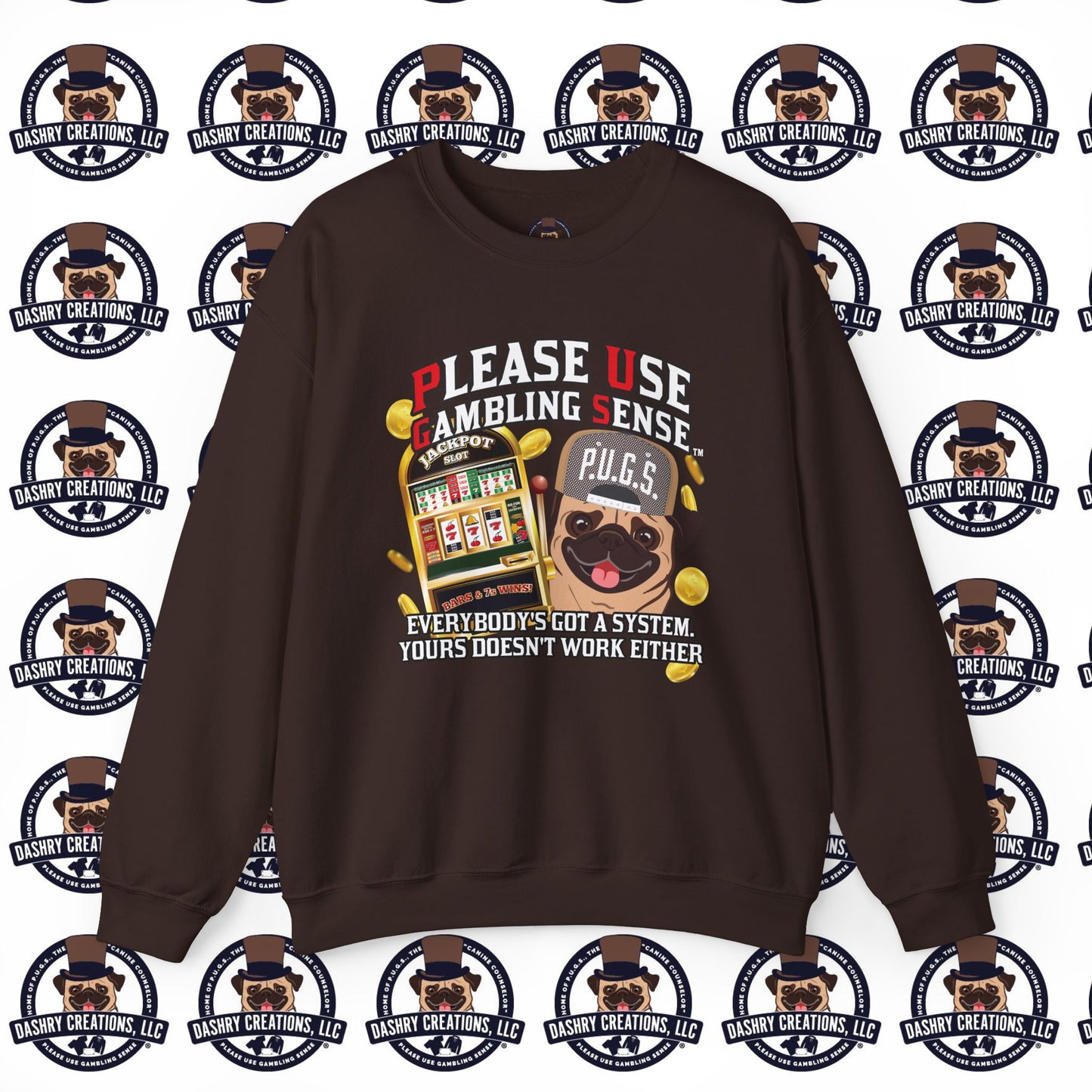 Slots “Everybody’s Got A System” Tan & White Backwards Baseball Cap Unisex Heavy Blend™ Crewneck Sweatshirt
