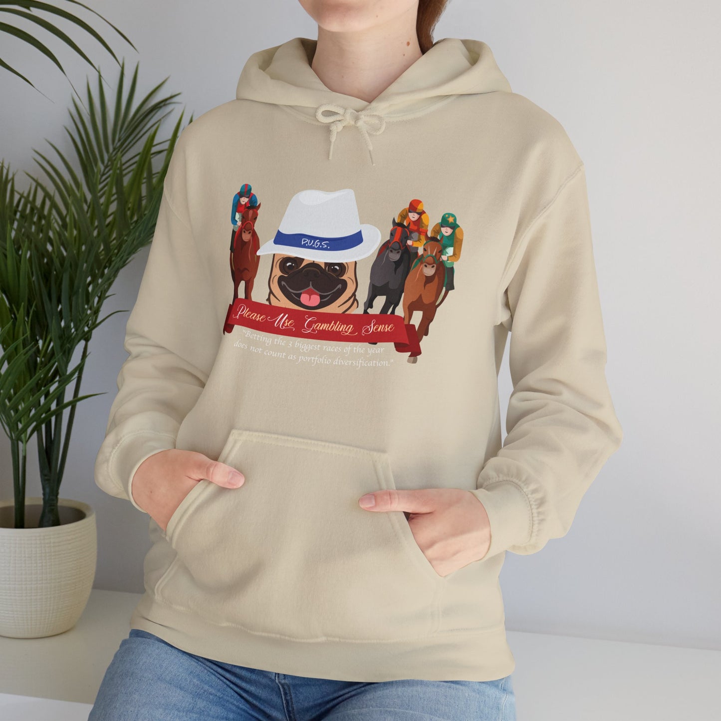 Horse Racing “Portfolio Diversification” White with Blue Band Men’s Fedora Hat Unisex Heavy Blend™ Hooded Sweatshirt