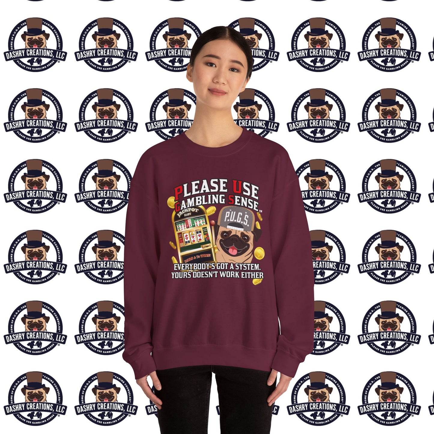 Slots “Everybody’s Got A System” Tan & White Backwards Baseball Cap Unisex Heavy Blend™ Crewneck Sweatshirt