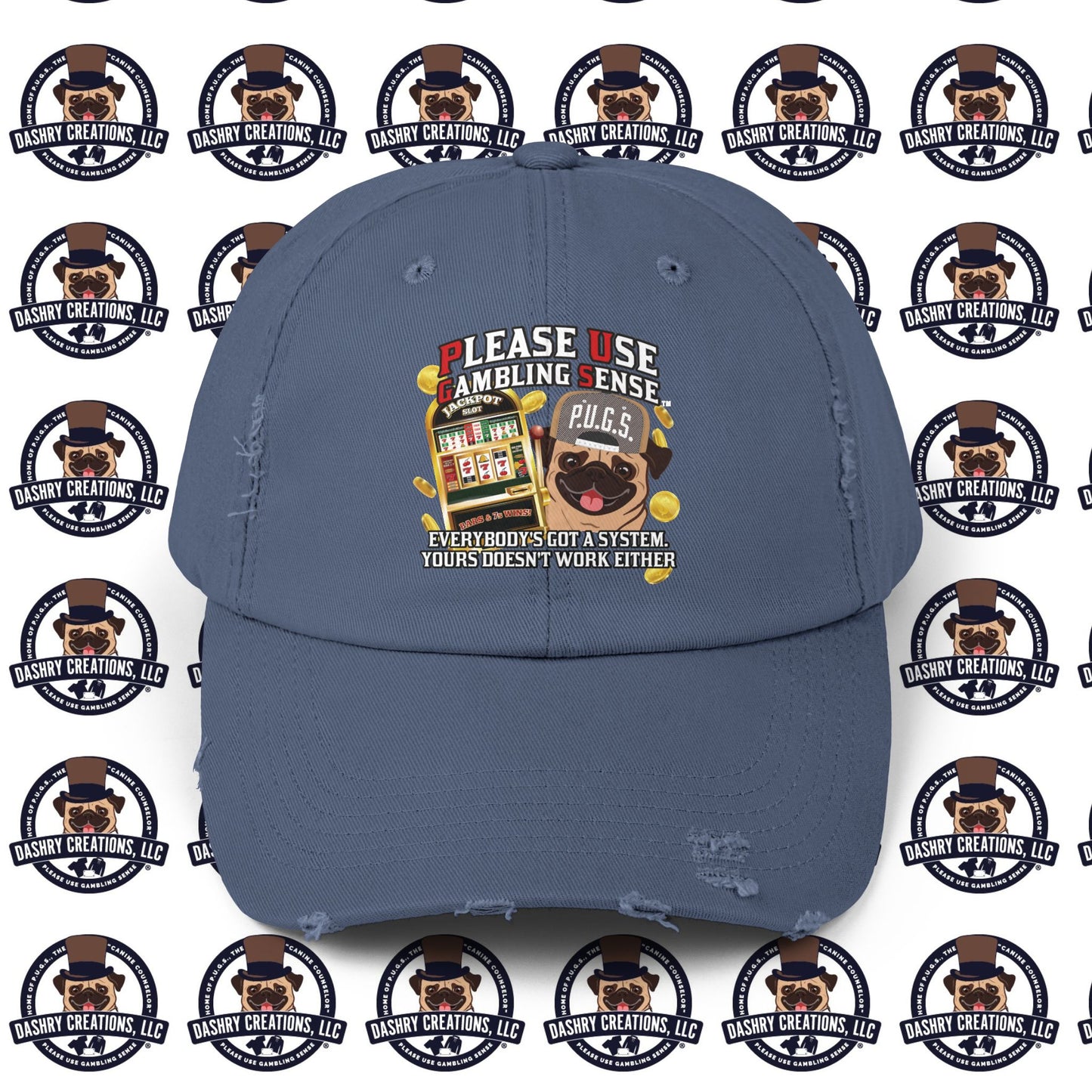 Slots “Everybody’s Got A System” Tan & White Backwards Baseball Cap Unisex Distressed Cap