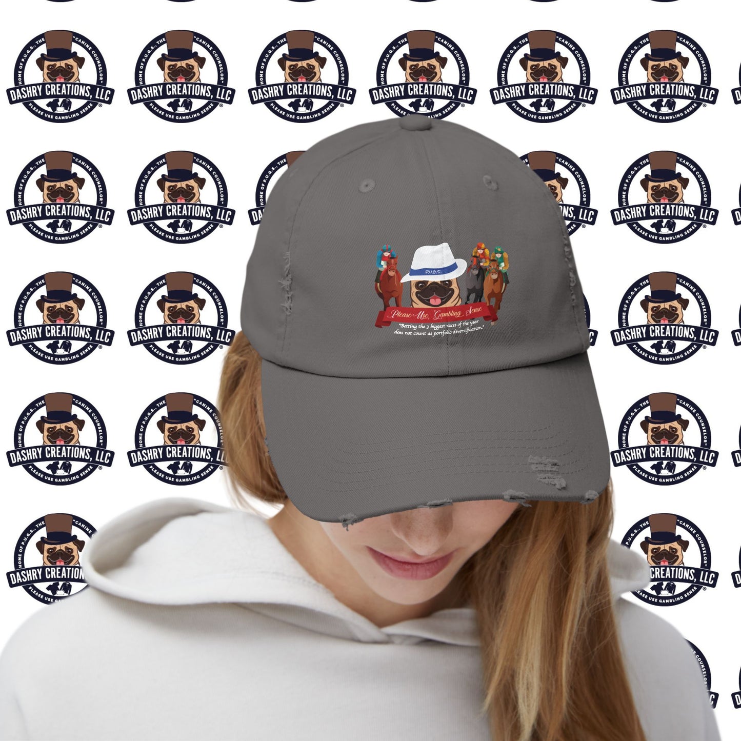 Horse Racing “Portfolio Diversification” White with Blue Band Men’s Fedora Hat Unisex Distressed Cap