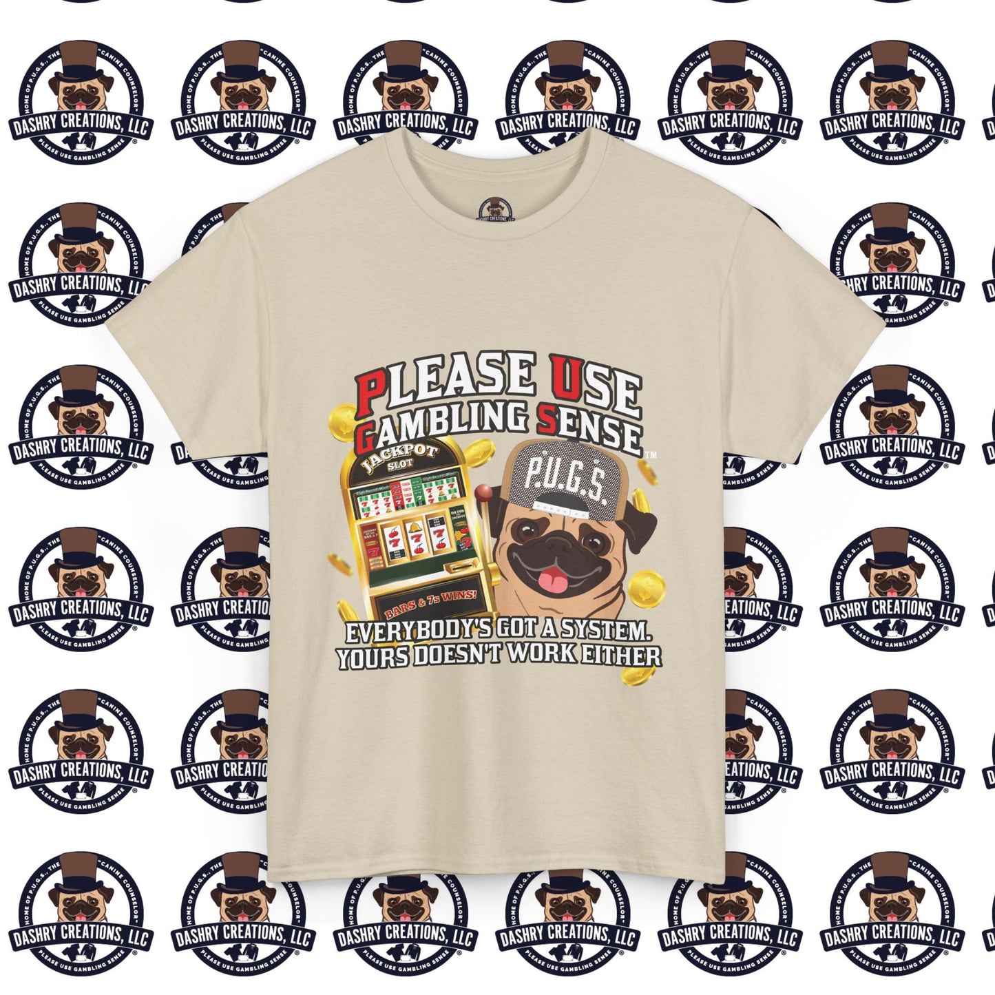Slots “Everybody’s Got A System” Tan & White Backwards Baseball Cap Unisex Heavy Cotton Tee