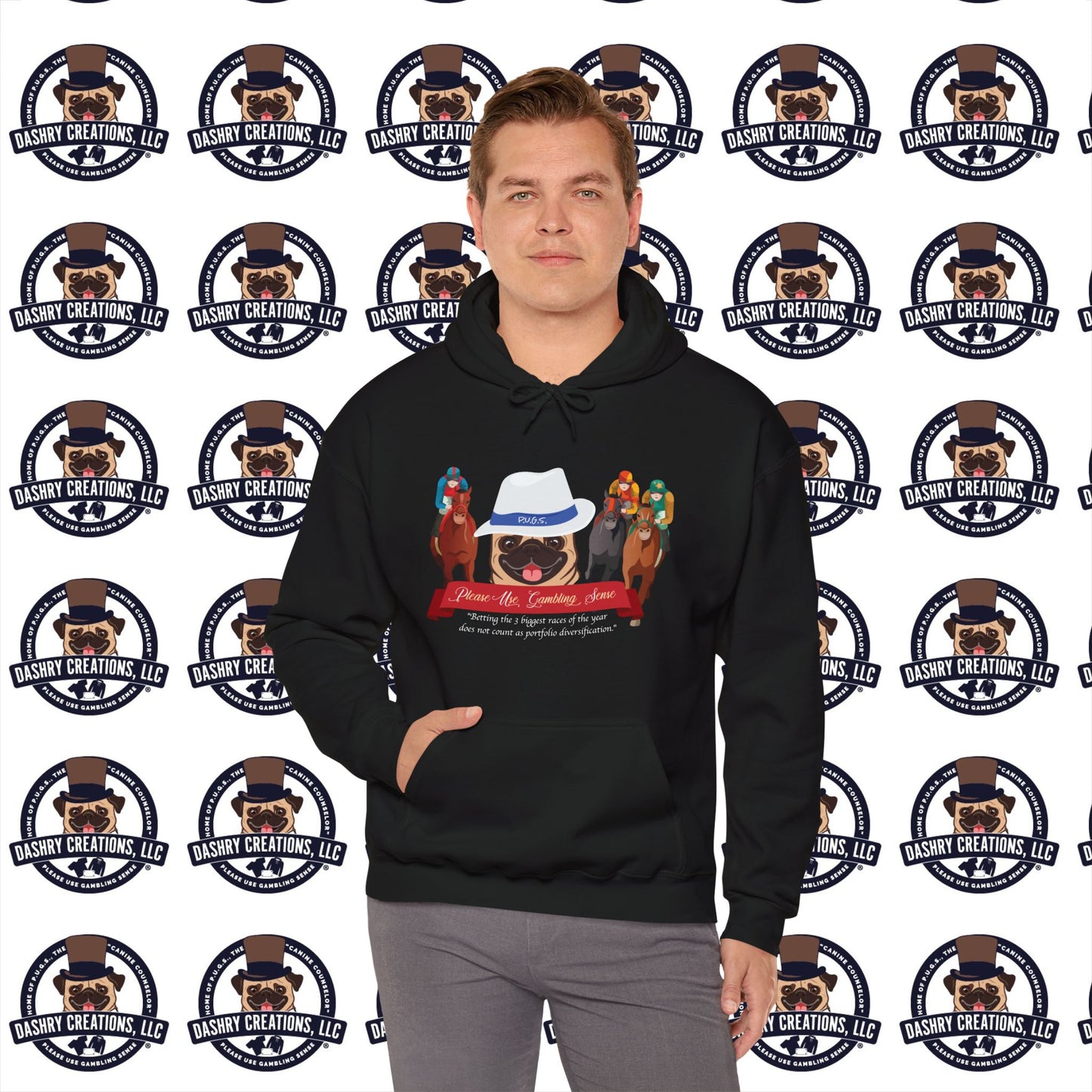 Horse Racing “Portfolio Diversification” White with Blue Band Men’s Fedora Hat Unisex Heavy Blend™ Hooded Sweatshirt