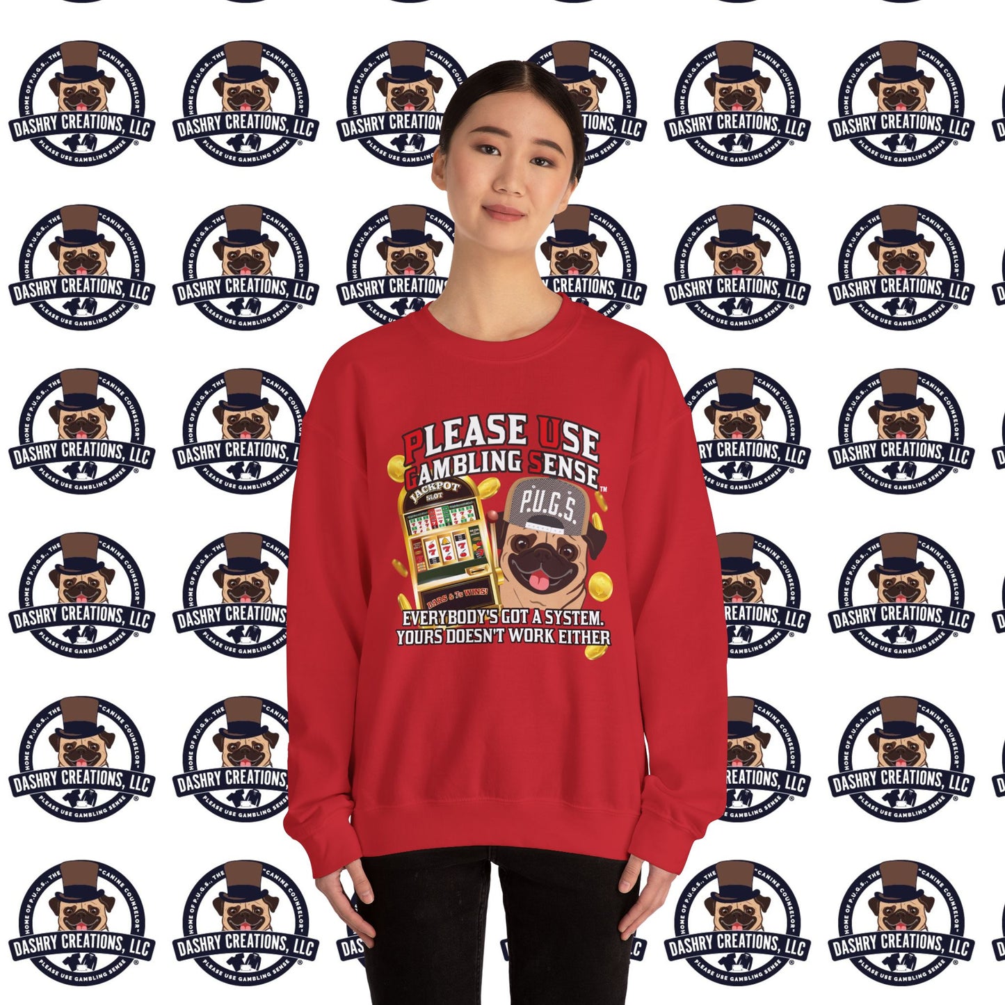 Slots “Everybody’s Got A System” Tan & White Backwards Baseball Cap Unisex Heavy Blend™ Crewneck Sweatshirt