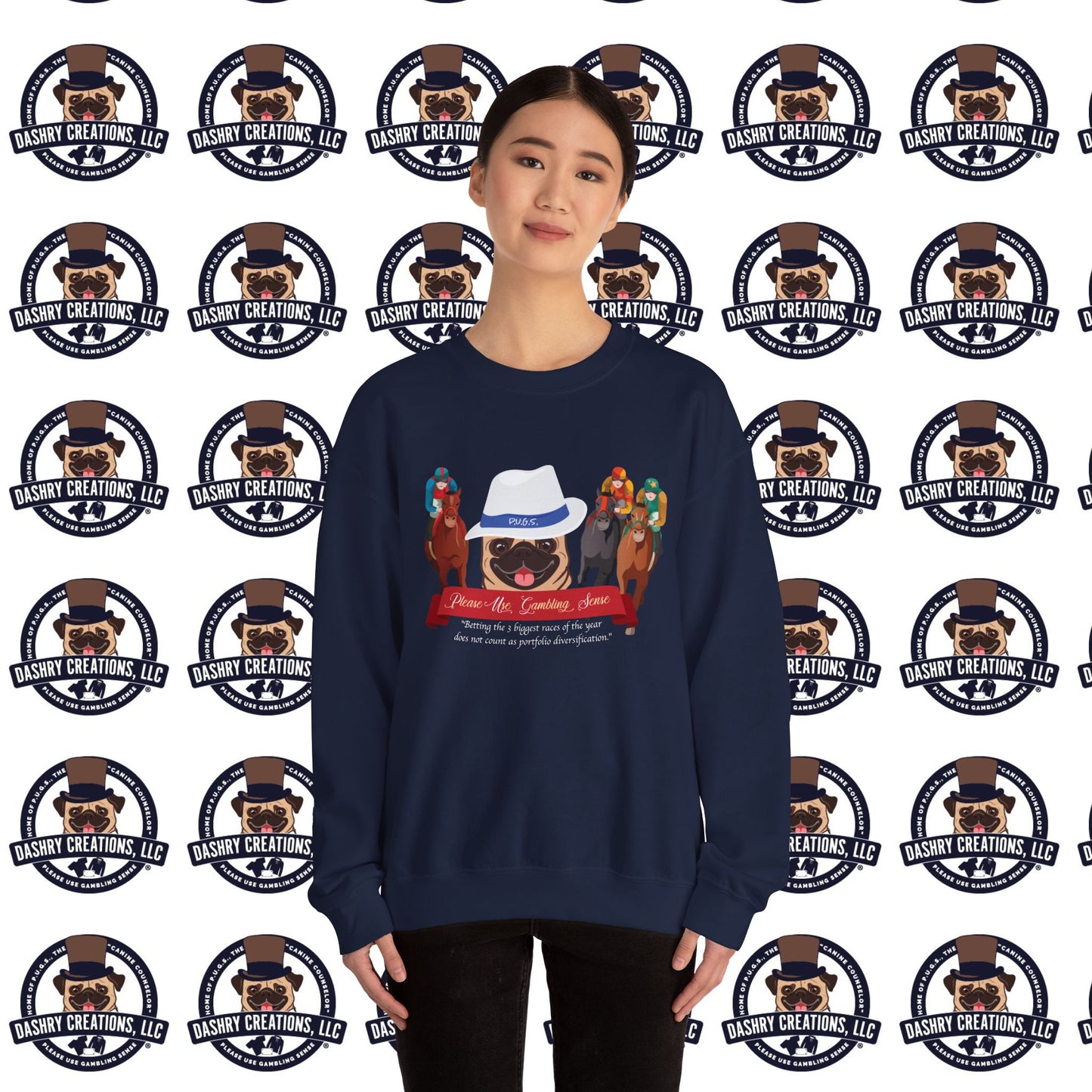 Horse Racing “Portfolio Diversification” White with Blue Band Men’s Fedora Hat Unisex Heavy Blend™ Crewneck Sweatshirt