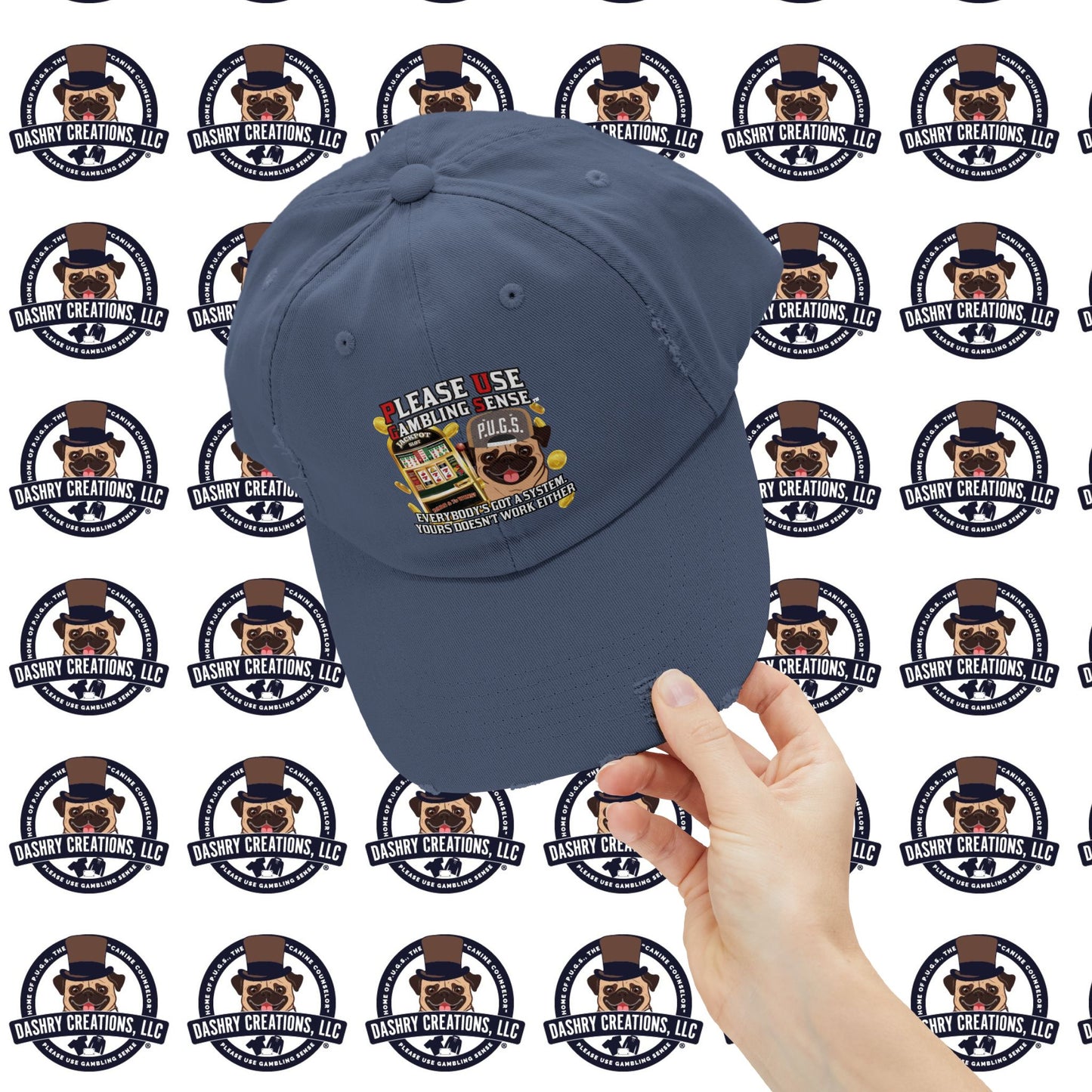 Slots “Everybody’s Got A System” Tan & White Backwards Baseball Cap Unisex Distressed Cap
