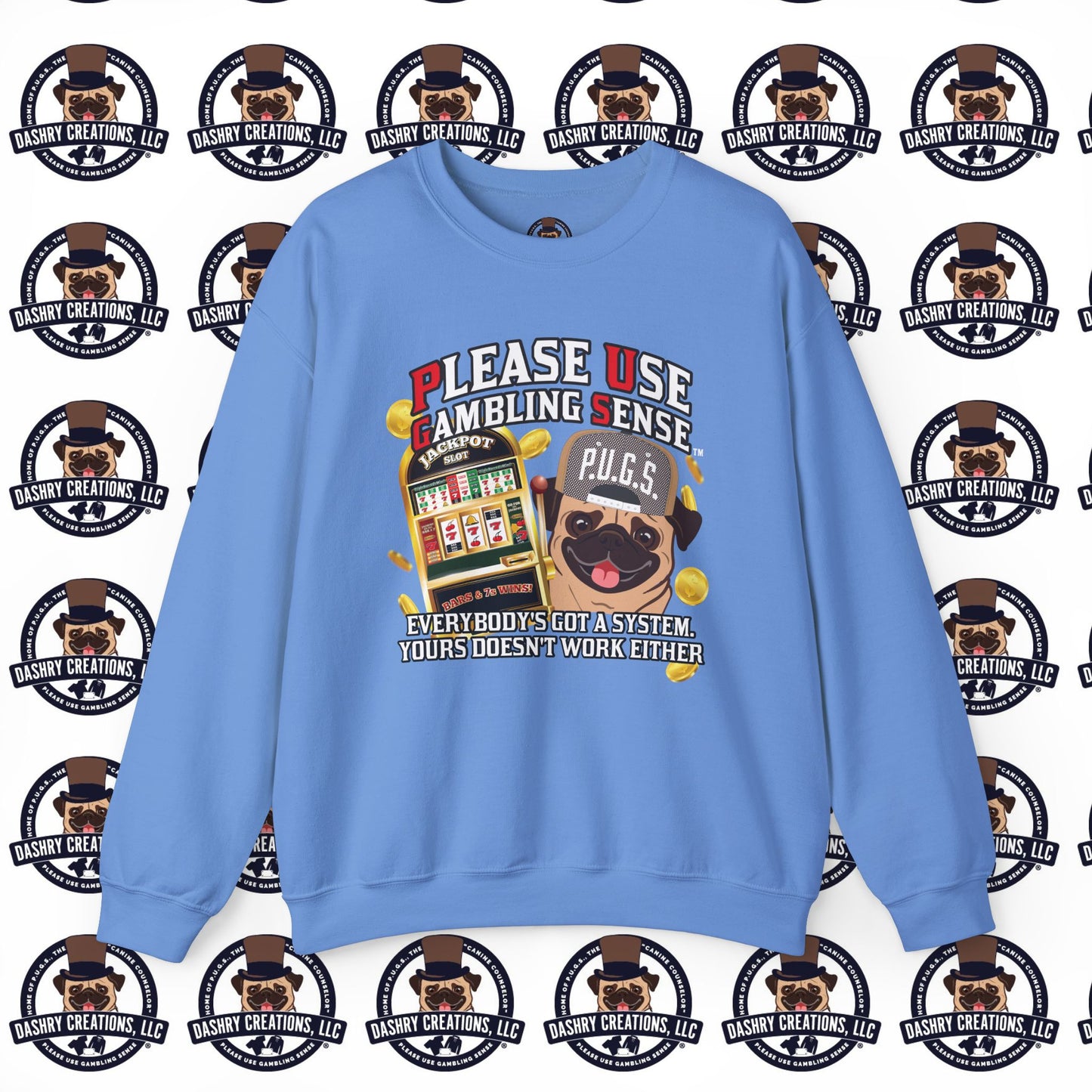 Slots “Everybody’s Got A System” Tan & White Backwards Baseball Cap Unisex Heavy Blend™ Crewneck Sweatshirt