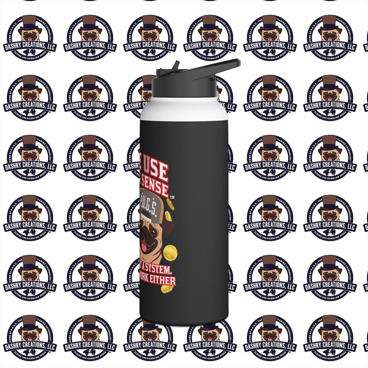 Slots “Everybody’s Got A System” Tan & White Backwards Baseball Cap Stainless Steel Water Bottle, Standard Lid