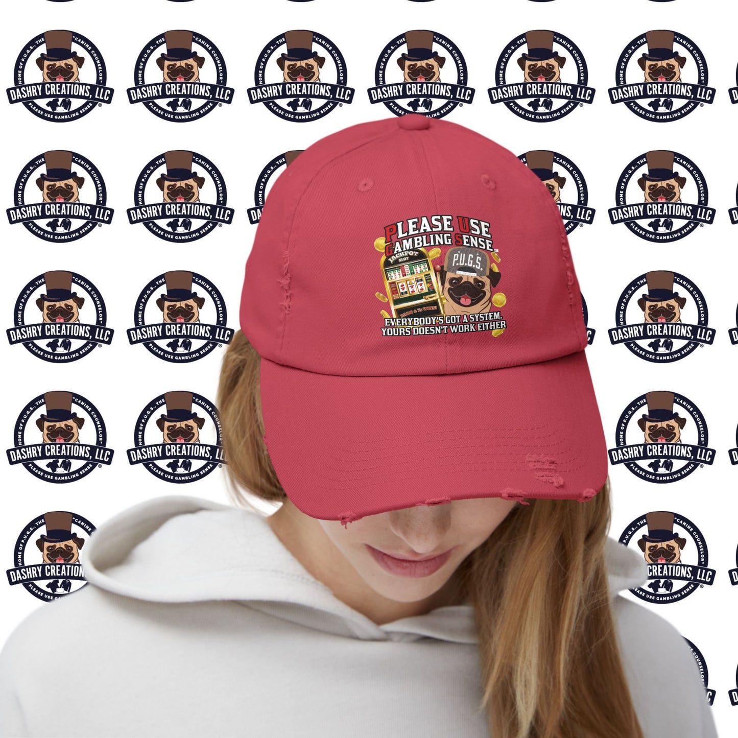 Slots “Everybody’s Got A System” Tan & White Backwards Baseball Cap Unisex Distressed Cap