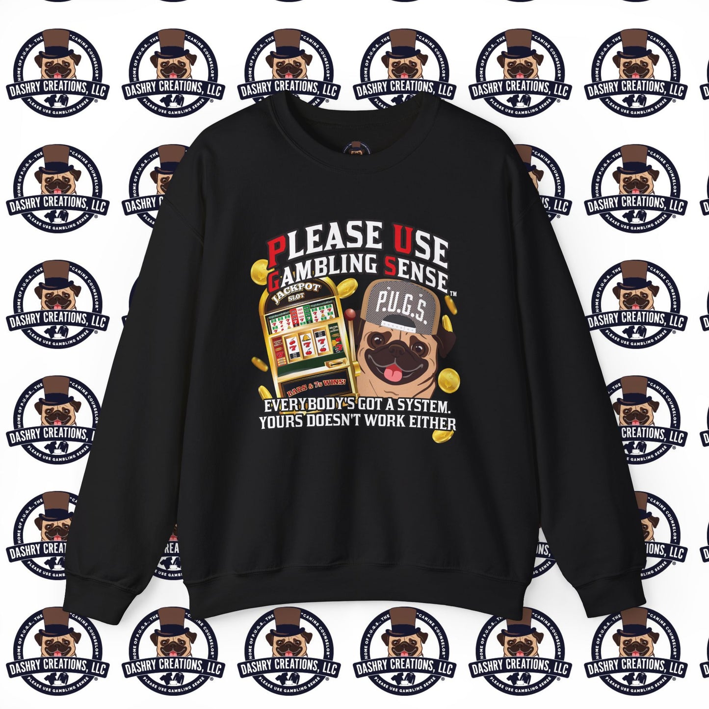Slots “Everybody’s Got A System” Tan & White Backwards Baseball Cap Unisex Heavy Blend™ Crewneck Sweatshirt