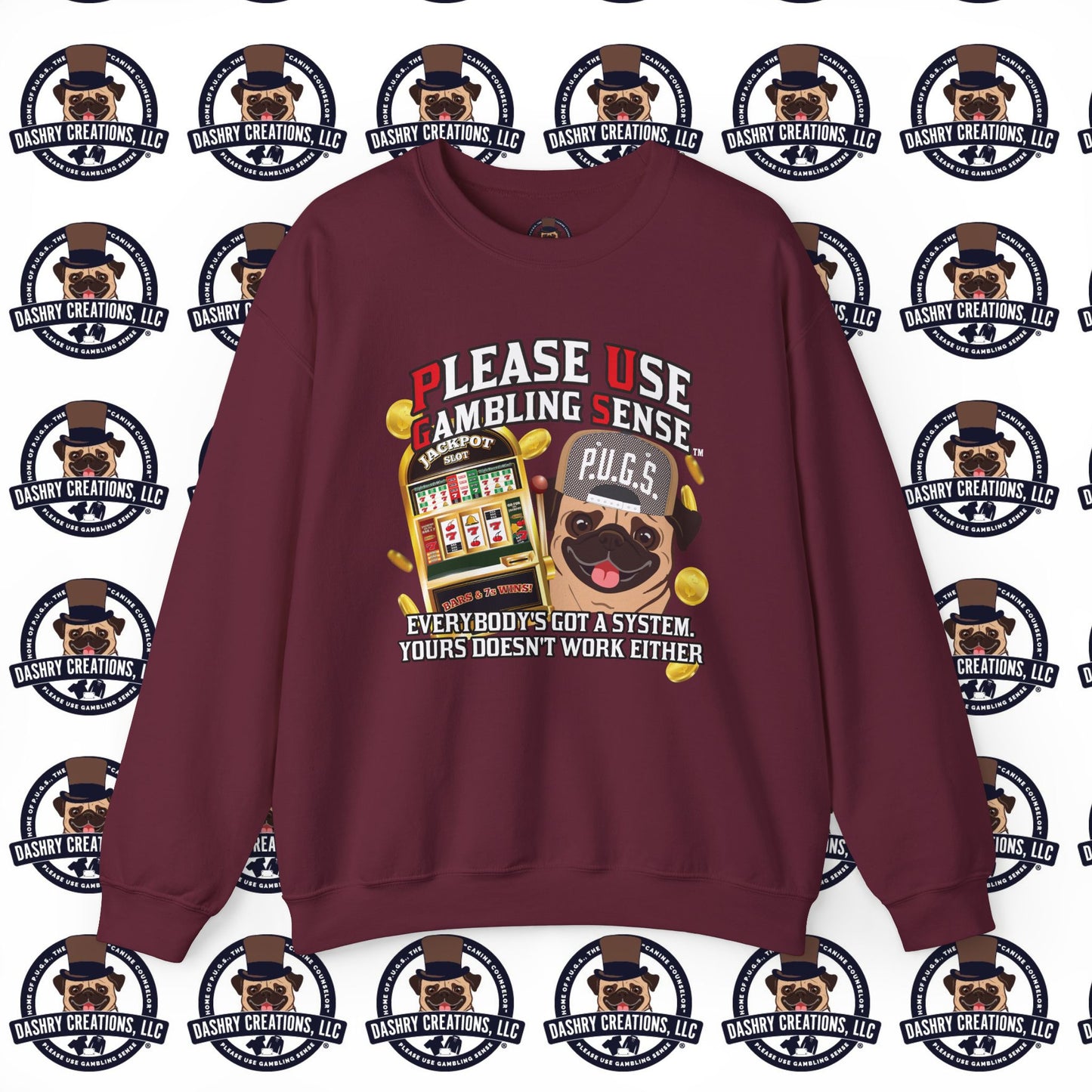Slots “Everybody’s Got A System” Tan & White Backwards Baseball Cap Unisex Heavy Blend™ Crewneck Sweatshirt