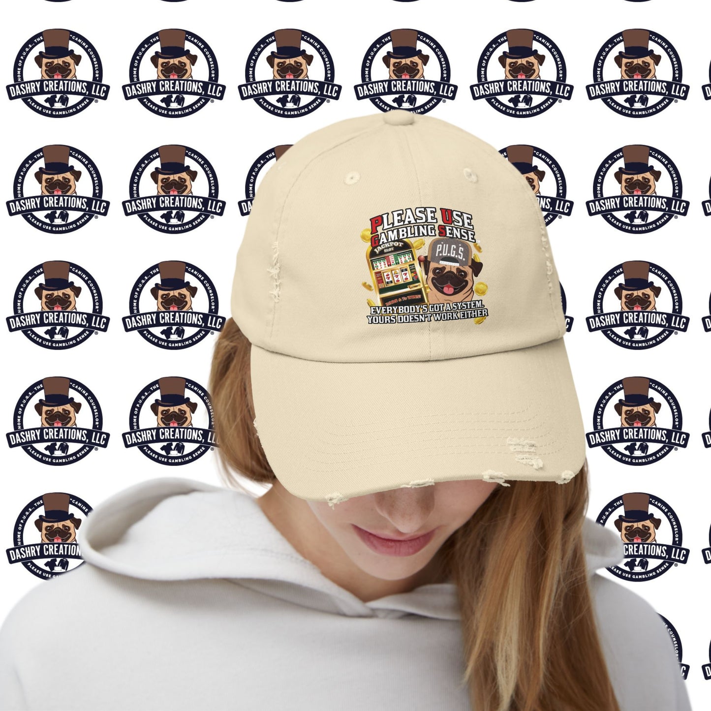 Slots “Everybody’s Got A System” Tan & White Backwards Baseball Cap Unisex Distressed Cap
