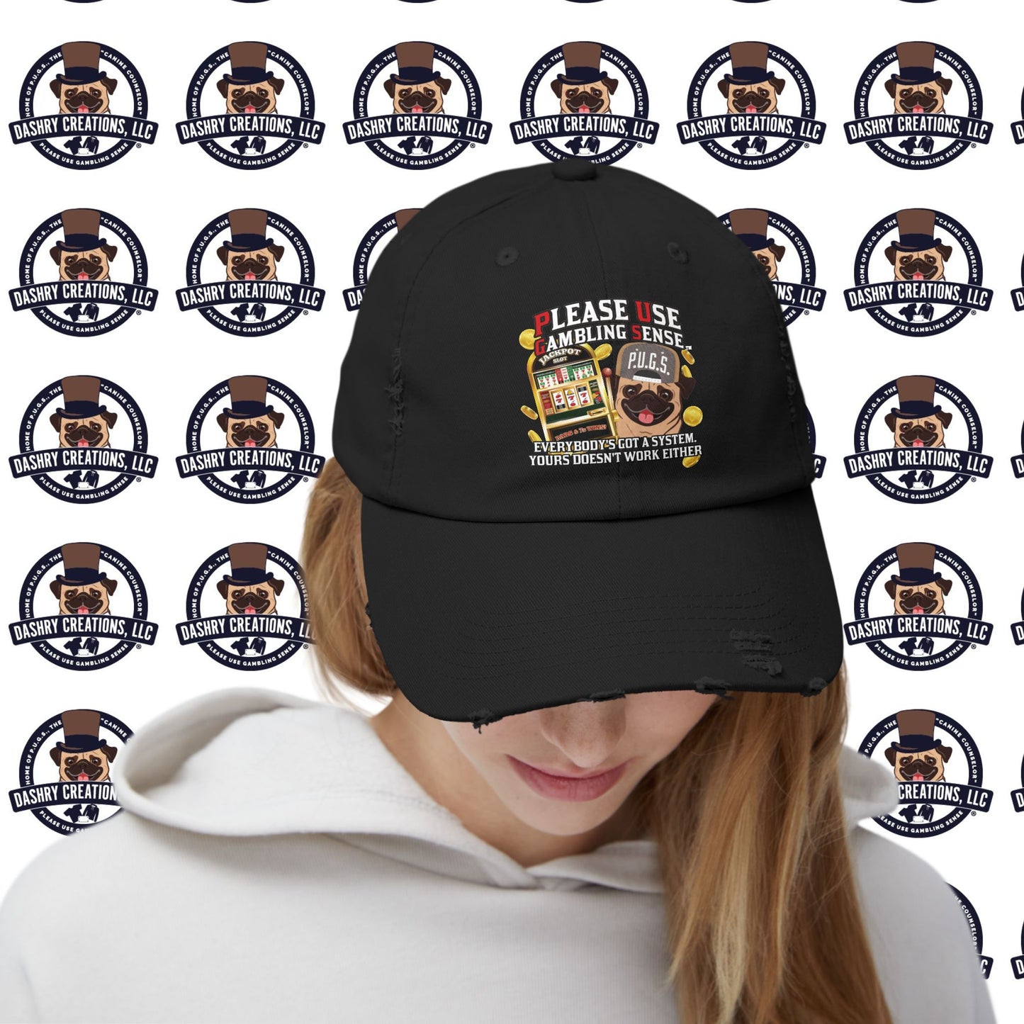 Slots “Everybody’s Got A System” Tan & White Backwards Baseball Cap Unisex Distressed Cap