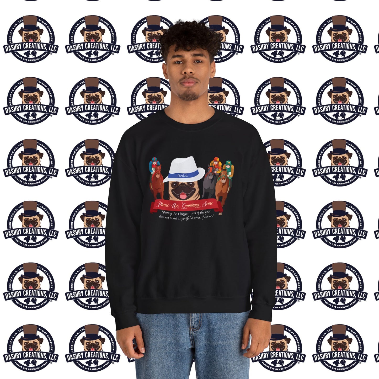 Horse Racing “Portfolio Diversification” White with Blue Band Men’s Fedora Hat Unisex Heavy Blend™ Crewneck Sweatshirt