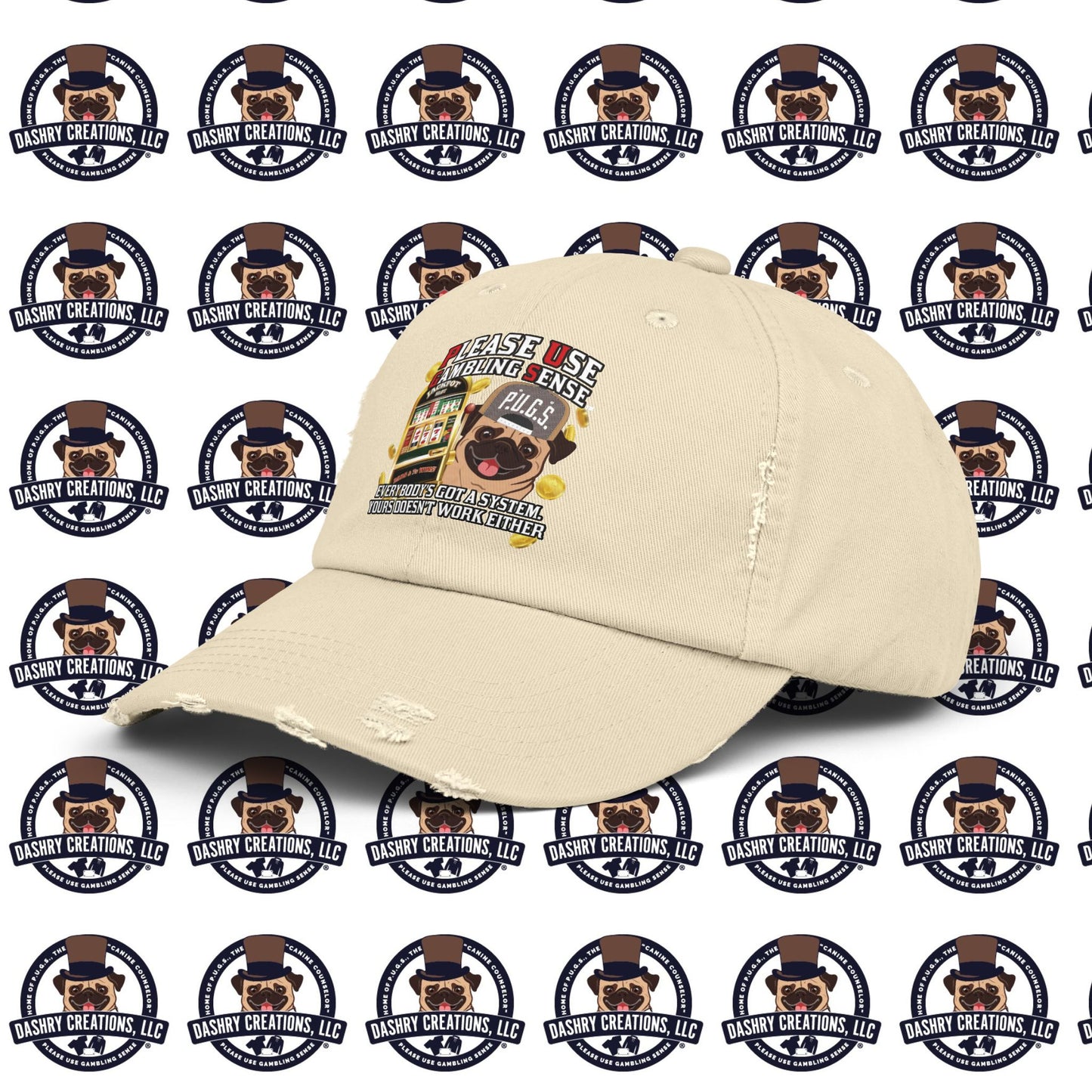 Slots “Everybody’s Got A System” Tan & White Backwards Baseball Cap Unisex Distressed Cap