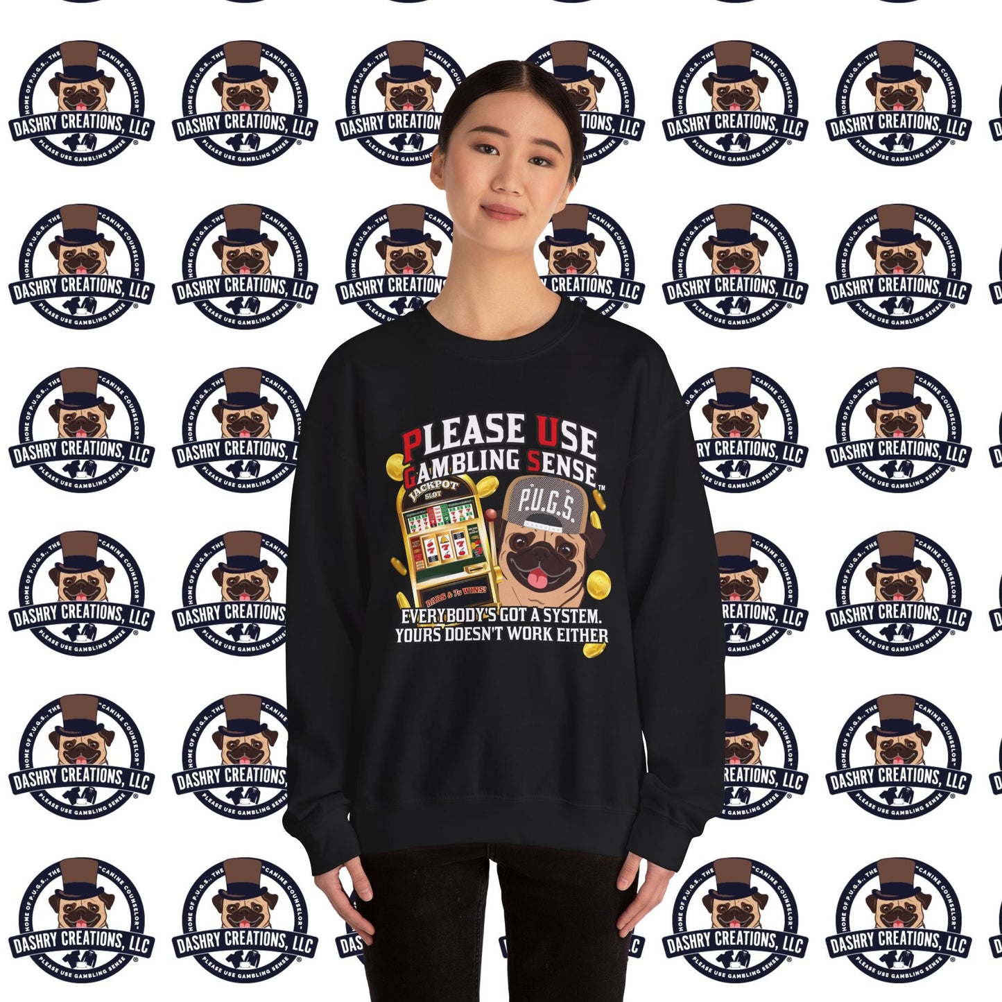 Slots “Everybody’s Got A System” Tan & White Backwards Baseball Cap Unisex Heavy Blend™ Crewneck Sweatshirt
