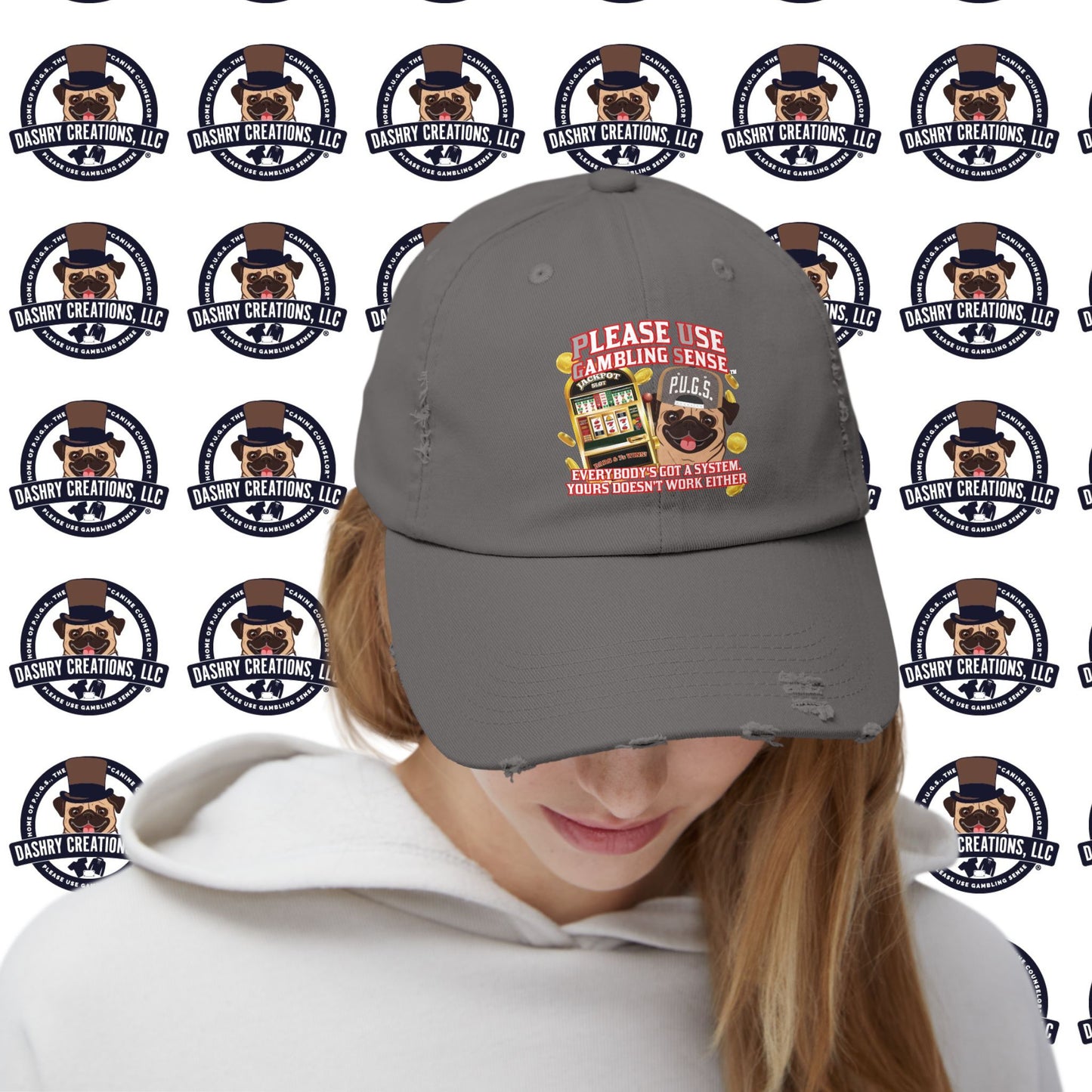 Slots “Everybody’s Got A System” Tan & White Backwards Baseball Cap Unisex Distressed Cap