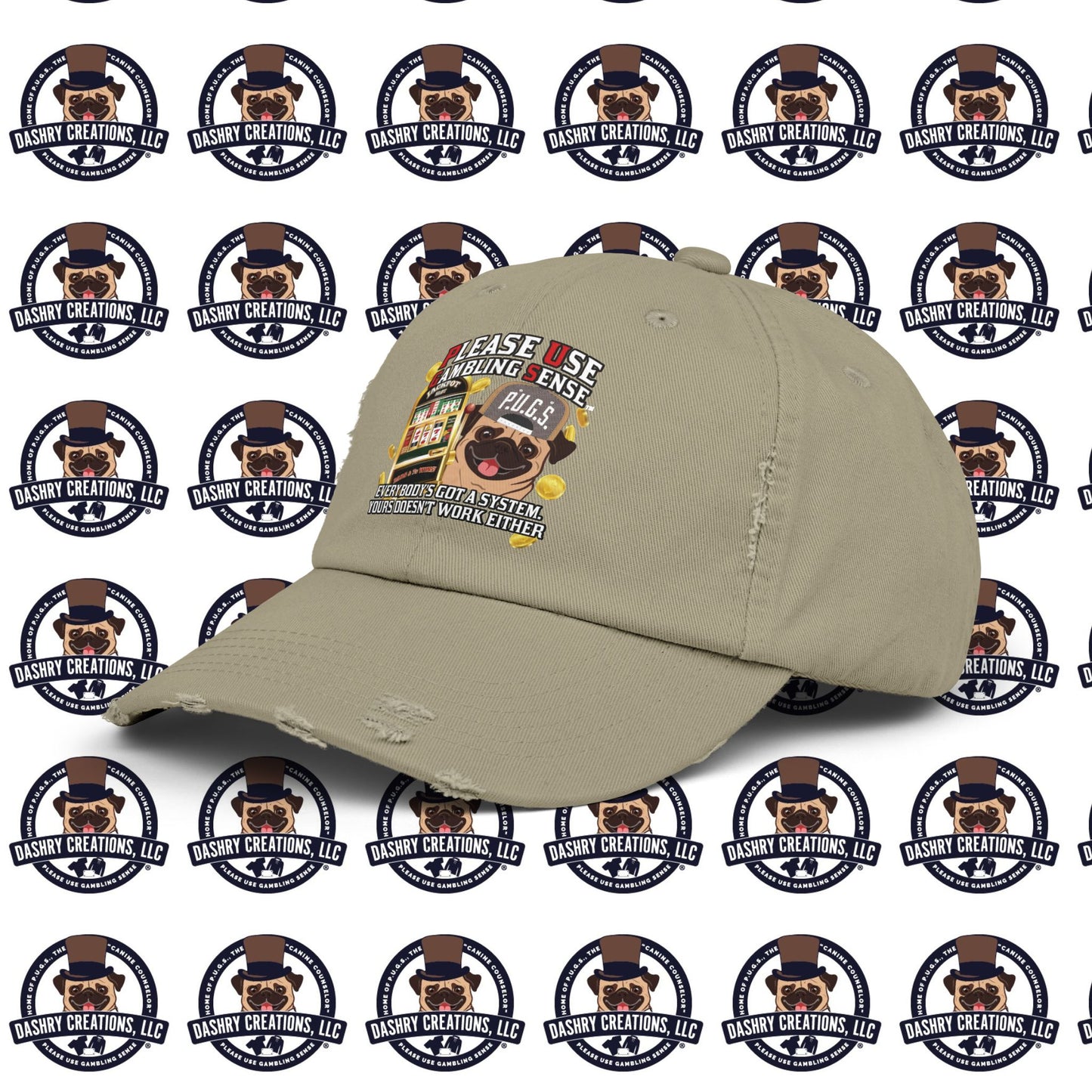 Slots “Everybody’s Got A System” Tan & White Backwards Baseball Cap Unisex Distressed Cap