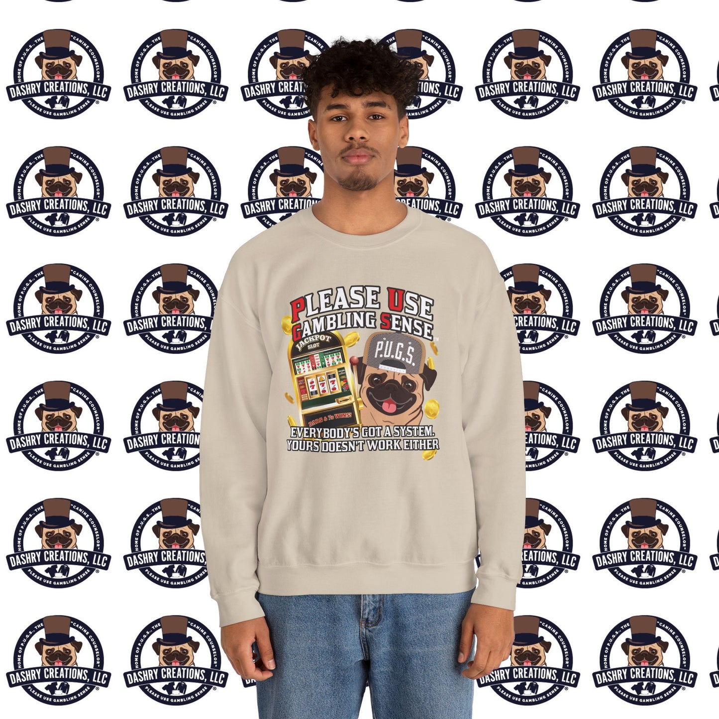 Slots “Everybody’s Got A System” Tan & White Backwards Baseball Cap Unisex Heavy Blend™ Crewneck Sweatshirt