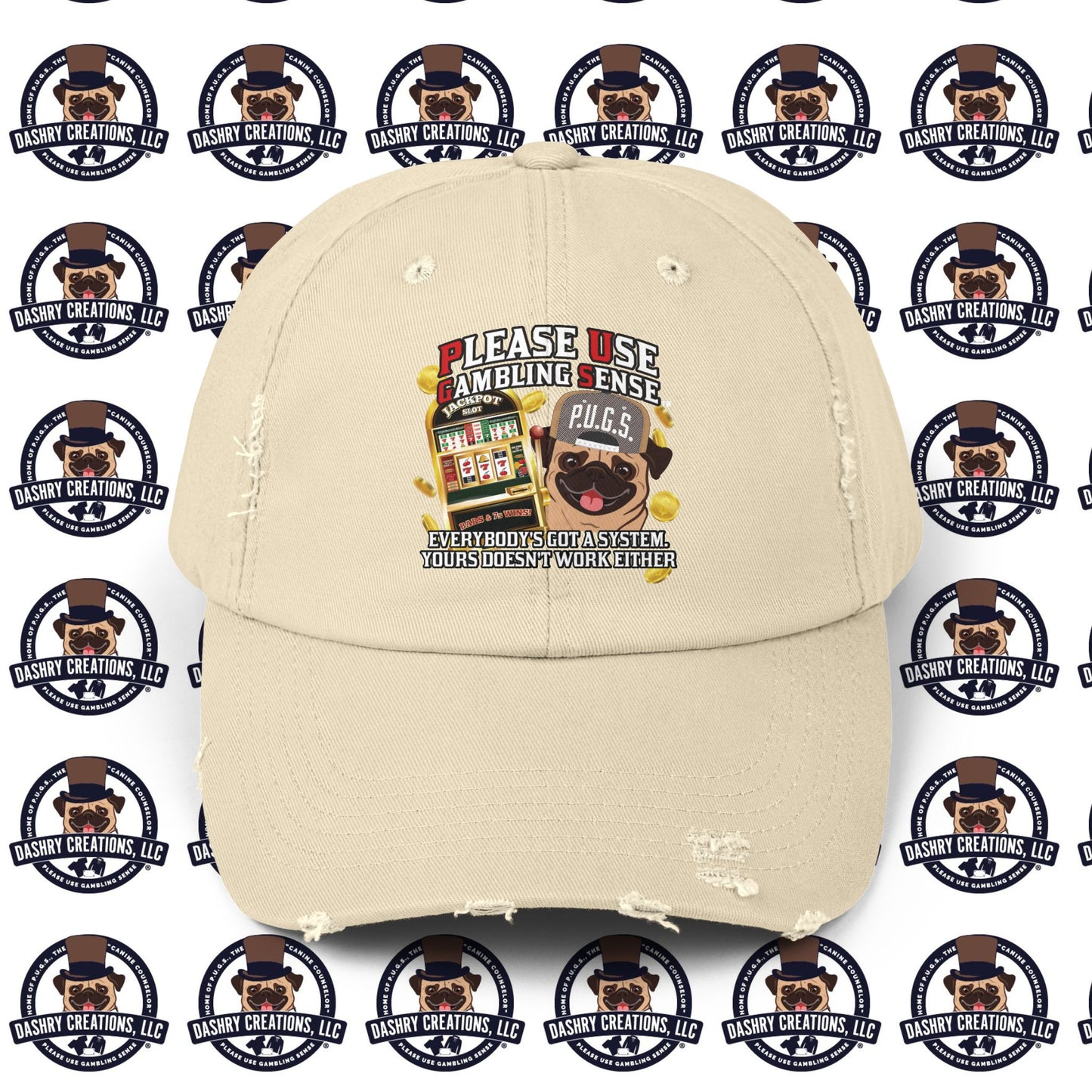 Slots “Everybody’s Got A System” Tan & White Backwards Baseball Cap Unisex Distressed Cap