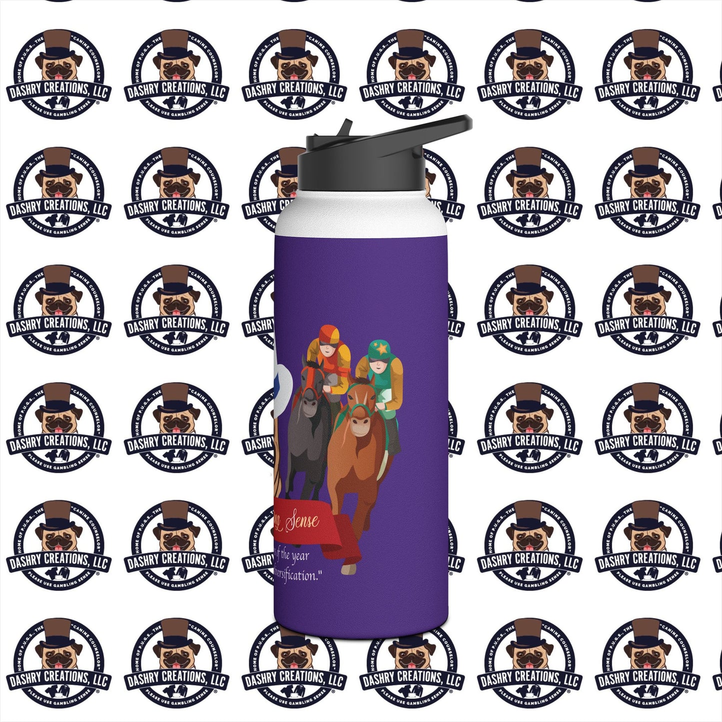 Horse Racing “Portfolio Diversification” White with Blue Band Men’s Fedora Hat Stainless Steel Water Bottle, Standard Lid