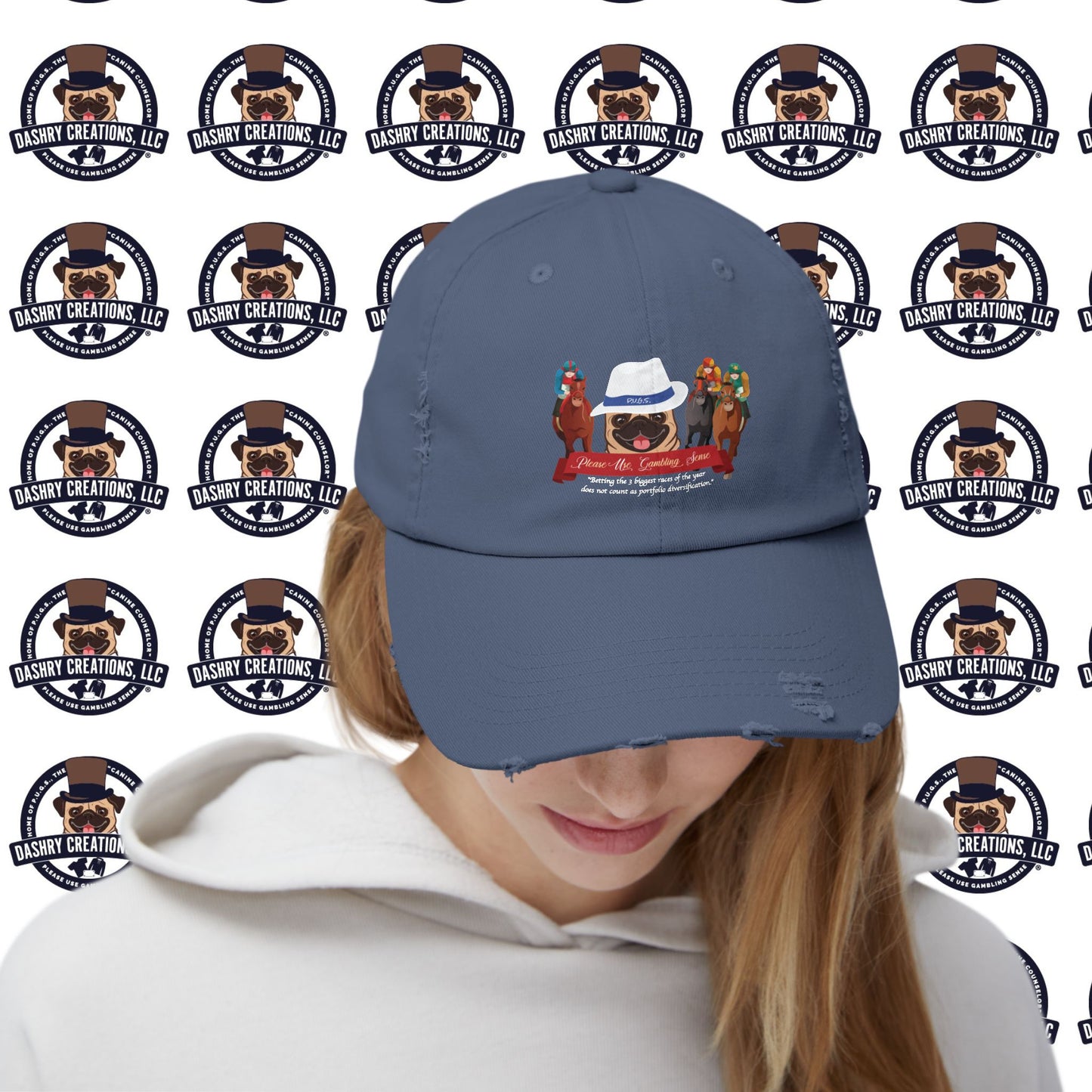 Horse Racing “Portfolio Diversification” White with Blue Band Men’s Fedora Hat Unisex Distressed Cap