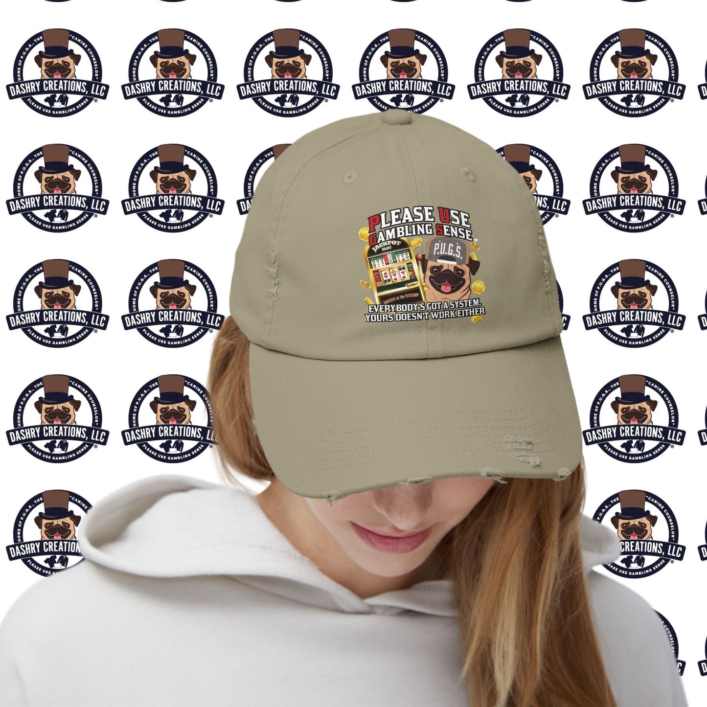 Slots “Everybody’s Got A System” Tan & White Backwards Baseball Cap Unisex Distressed Cap
