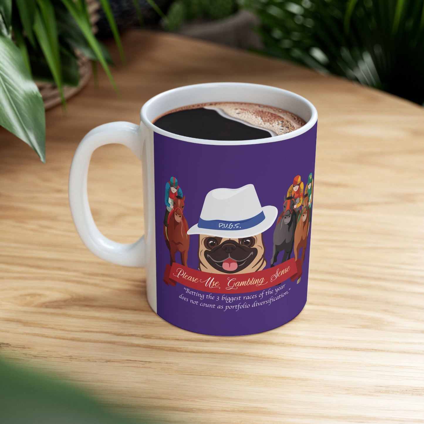 Horse Racing “Portfolio Diversification” White with Blue Band Men’s Fedora Hat Ceramic Mug, (11oz, 15oz)