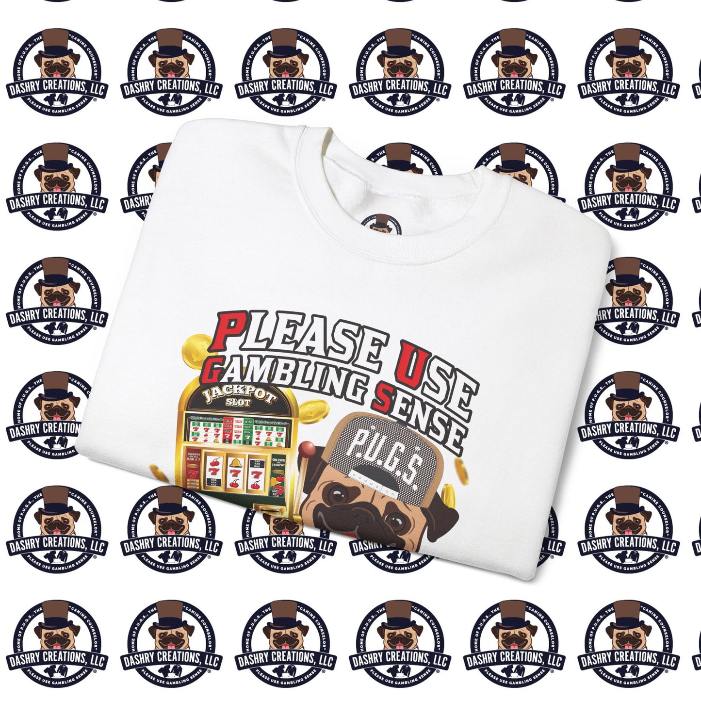 Slots “Everybody’s Got A System” Tan & White Backwards Baseball Cap Unisex Heavy Blend™ Crewneck Sweatshirt
