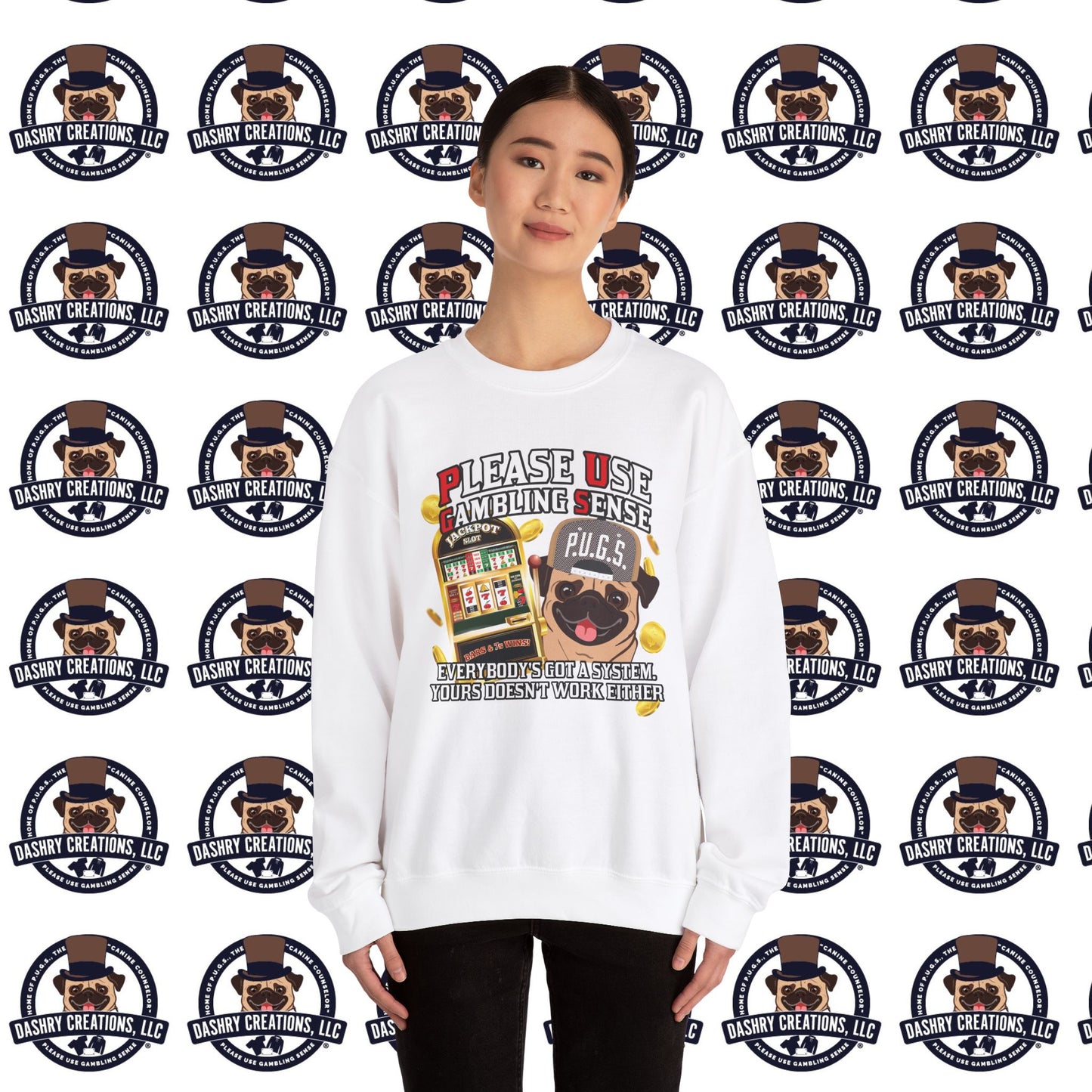 Slots “Everybody’s Got A System” Tan & White Backwards Baseball Cap Unisex Heavy Blend™ Crewneck Sweatshirt