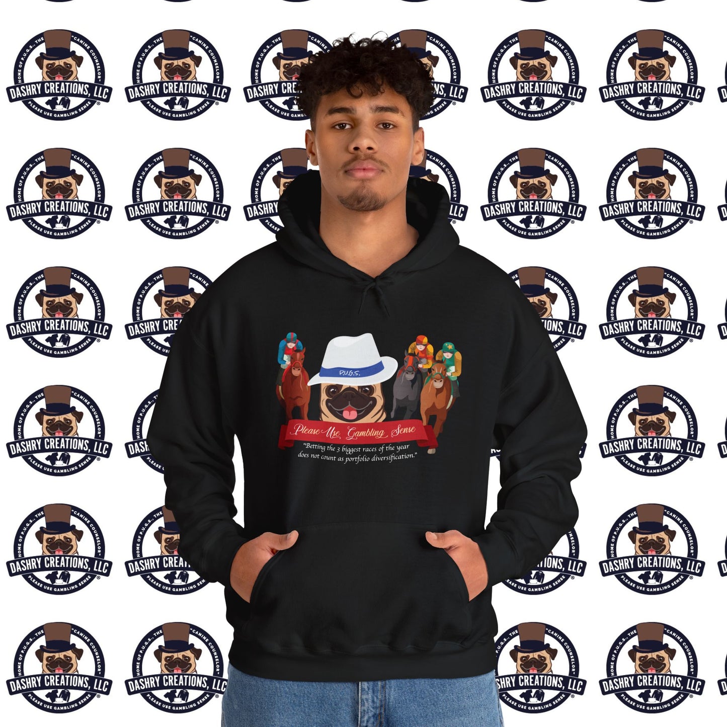 Horse Racing “Portfolio Diversification” White with Blue Band Men’s Fedora Hat Unisex Heavy Blend™ Hooded Sweatshirt