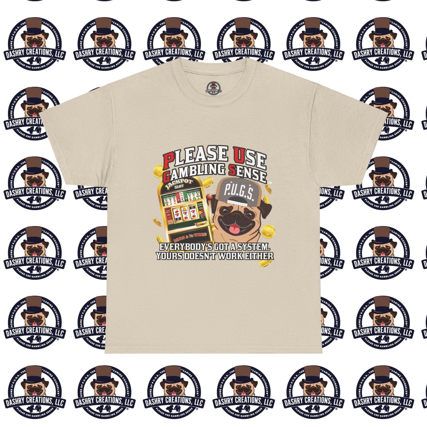 Slots “Everybody’s Got A System” Tan & White Backwards Baseball Cap Unisex Heavy Cotton Tee