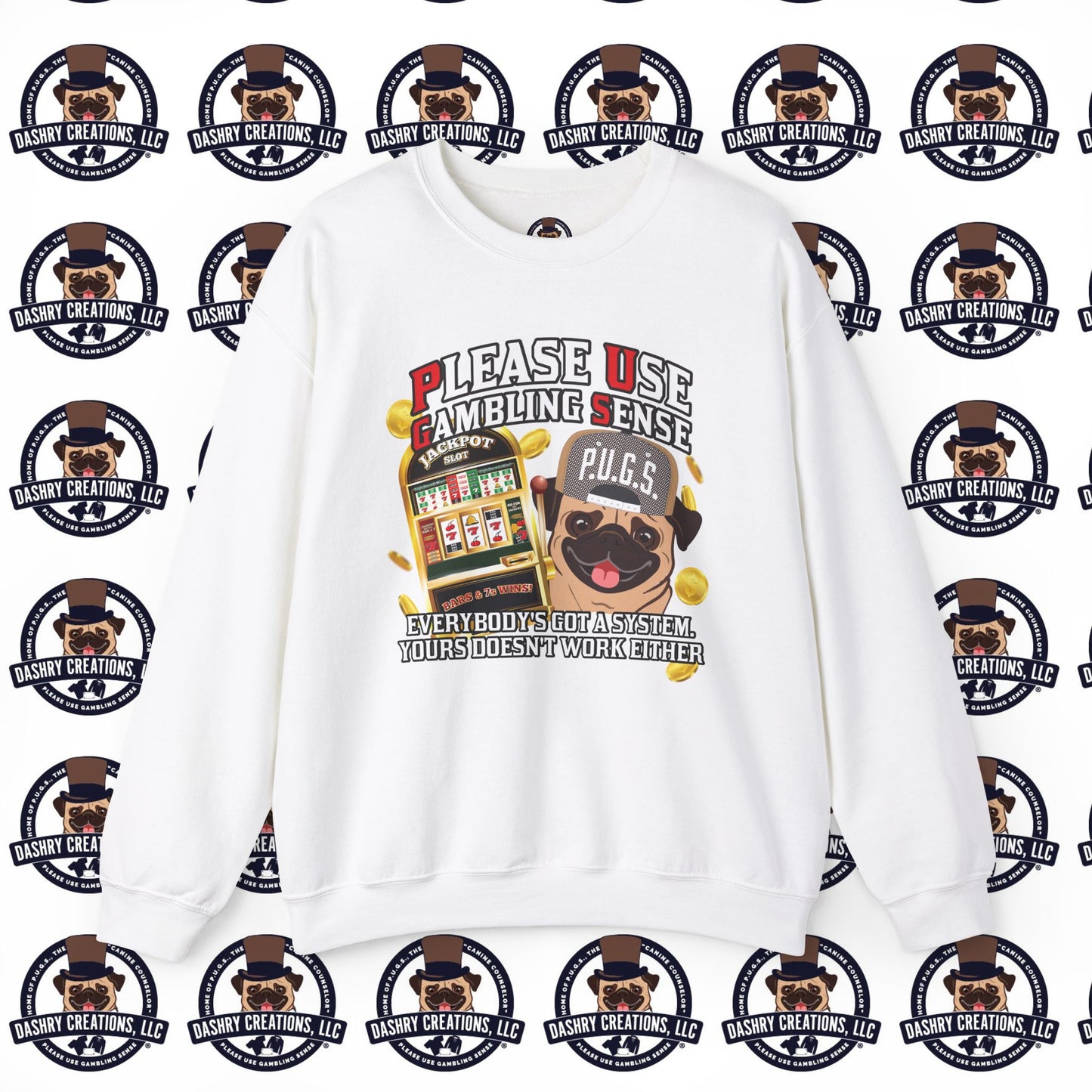 Slots “Everybody’s Got A System” Tan & White Backwards Baseball Cap Unisex Heavy Blend™ Crewneck Sweatshirt