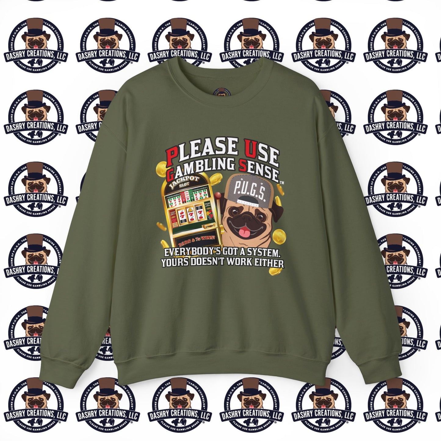 Slots “Everybody’s Got A System” Tan & White Backwards Baseball Cap Unisex Heavy Blend™ Crewneck Sweatshirt