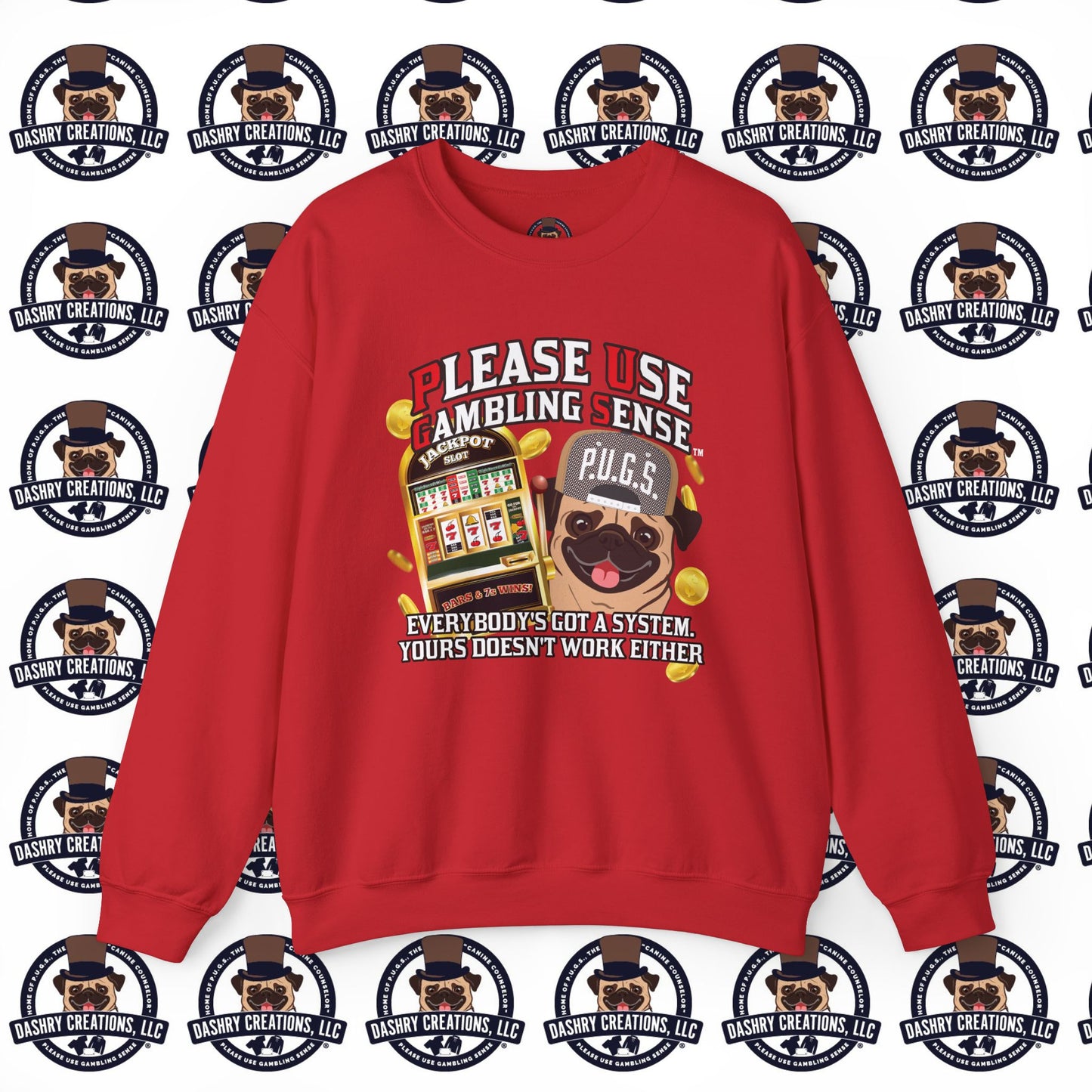 Slots “Everybody’s Got A System” Tan & White Backwards Baseball Cap Unisex Heavy Blend™ Crewneck Sweatshirt