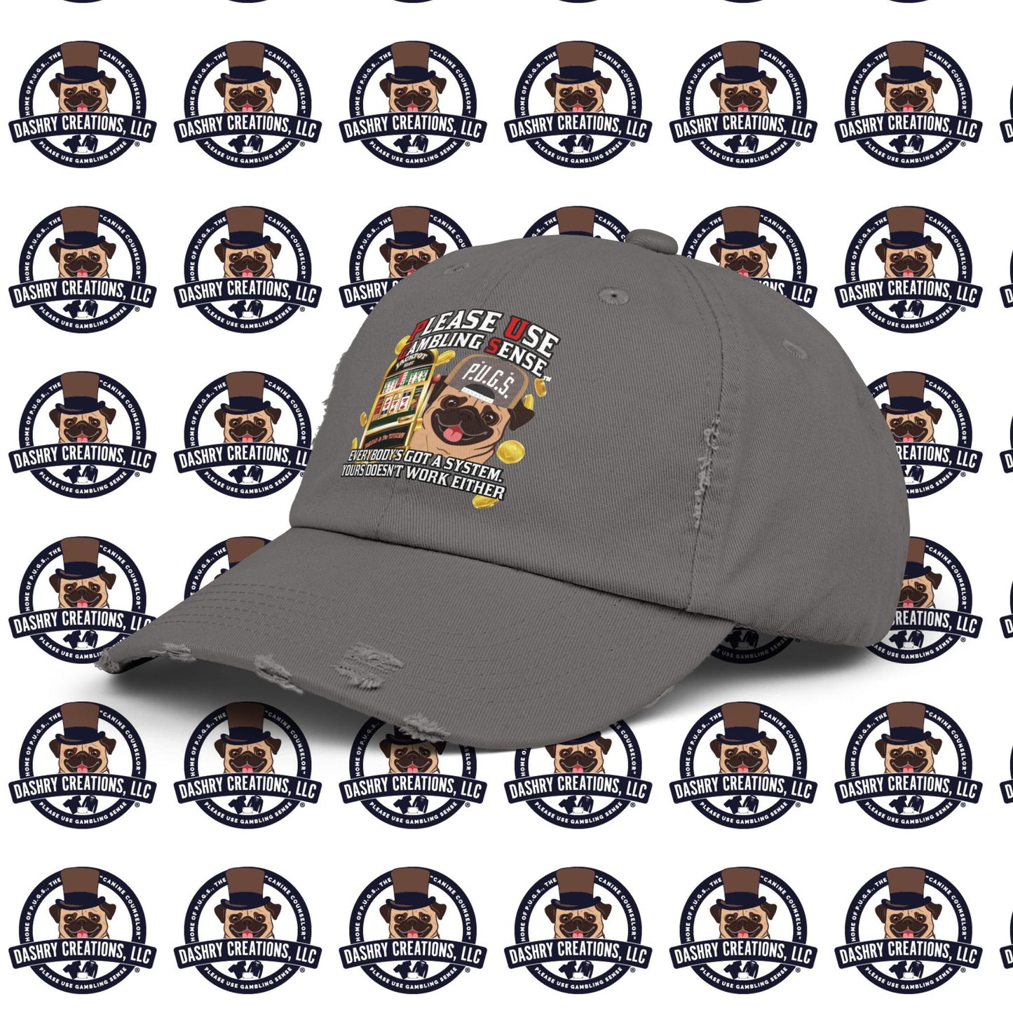 Slots “Everybody’s Got A System” Tan & White Backwards Baseball Cap Unisex Distressed Cap