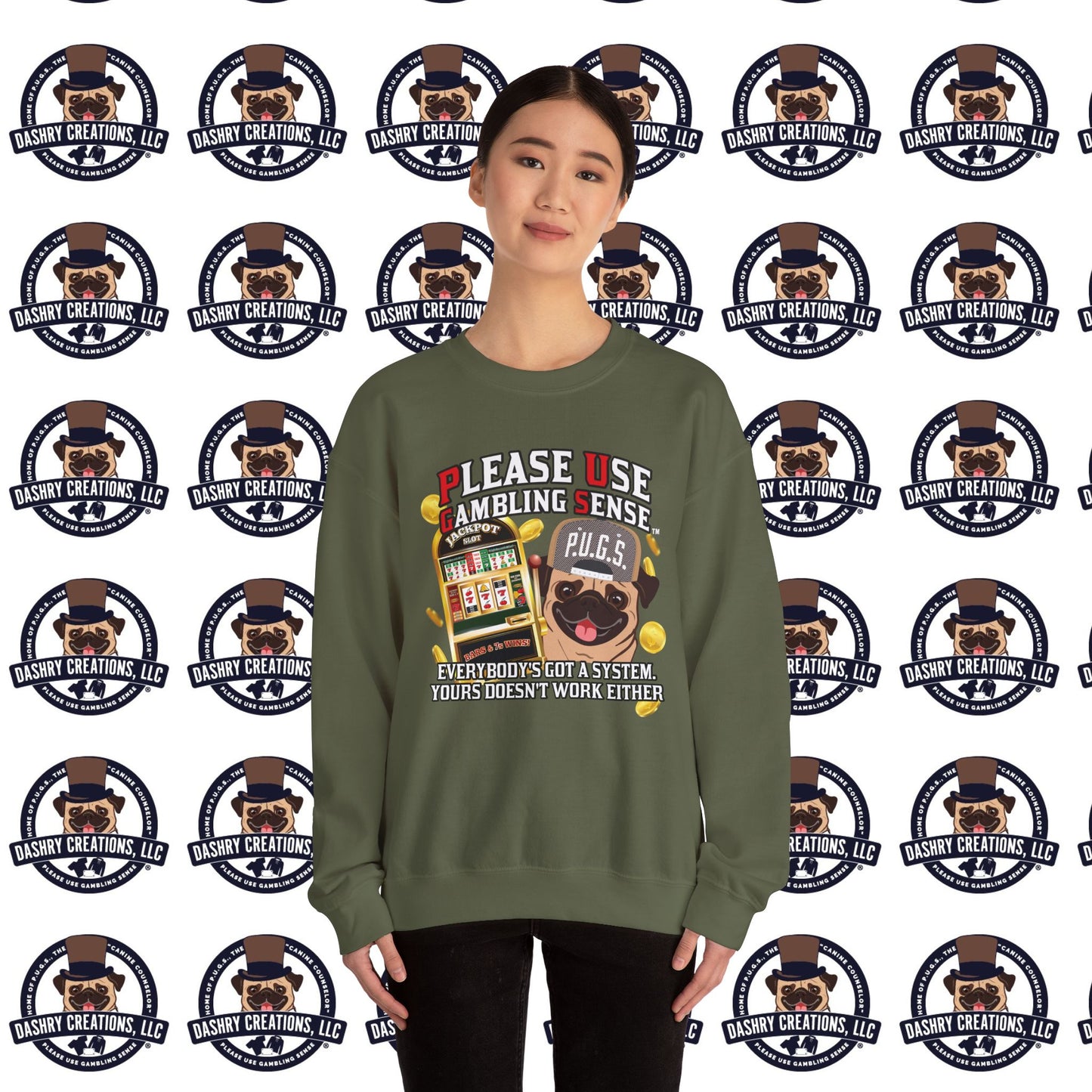 Slots “Everybody’s Got A System” Tan & White Backwards Baseball Cap Unisex Heavy Blend™ Crewneck Sweatshirt