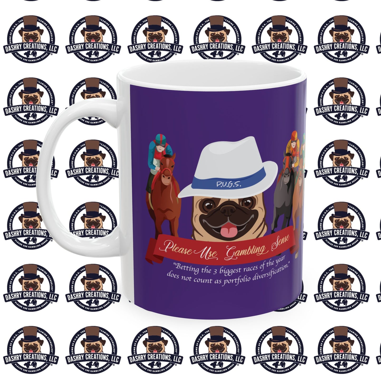 Horse Racing “Portfolio Diversification” White with Blue Band Men’s Fedora Hat Ceramic Mug, (11oz, 15oz)