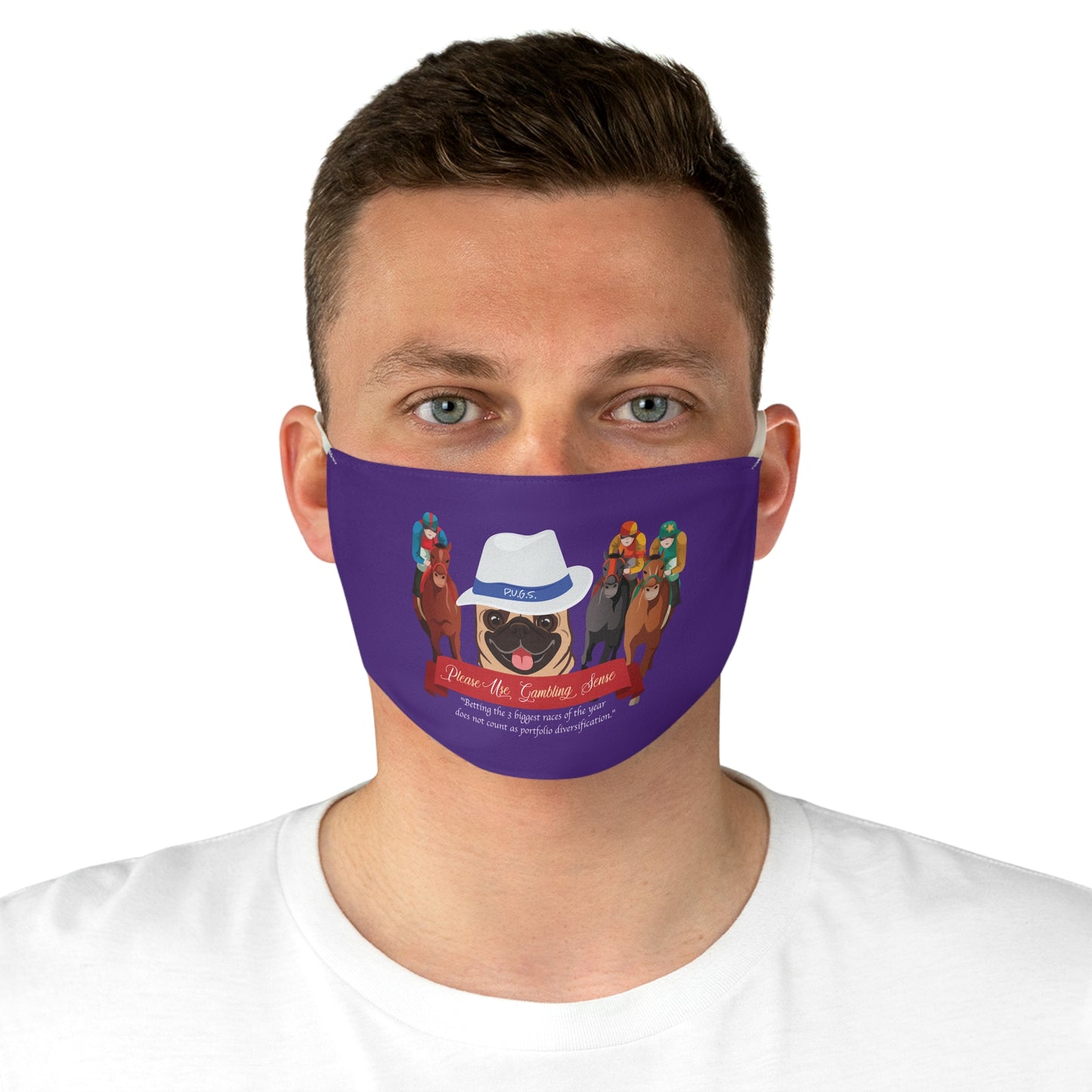 Horse Racing “Portfolio Diversification” White with Blue Band Men’s Fedora Hat Fabric Face Mask