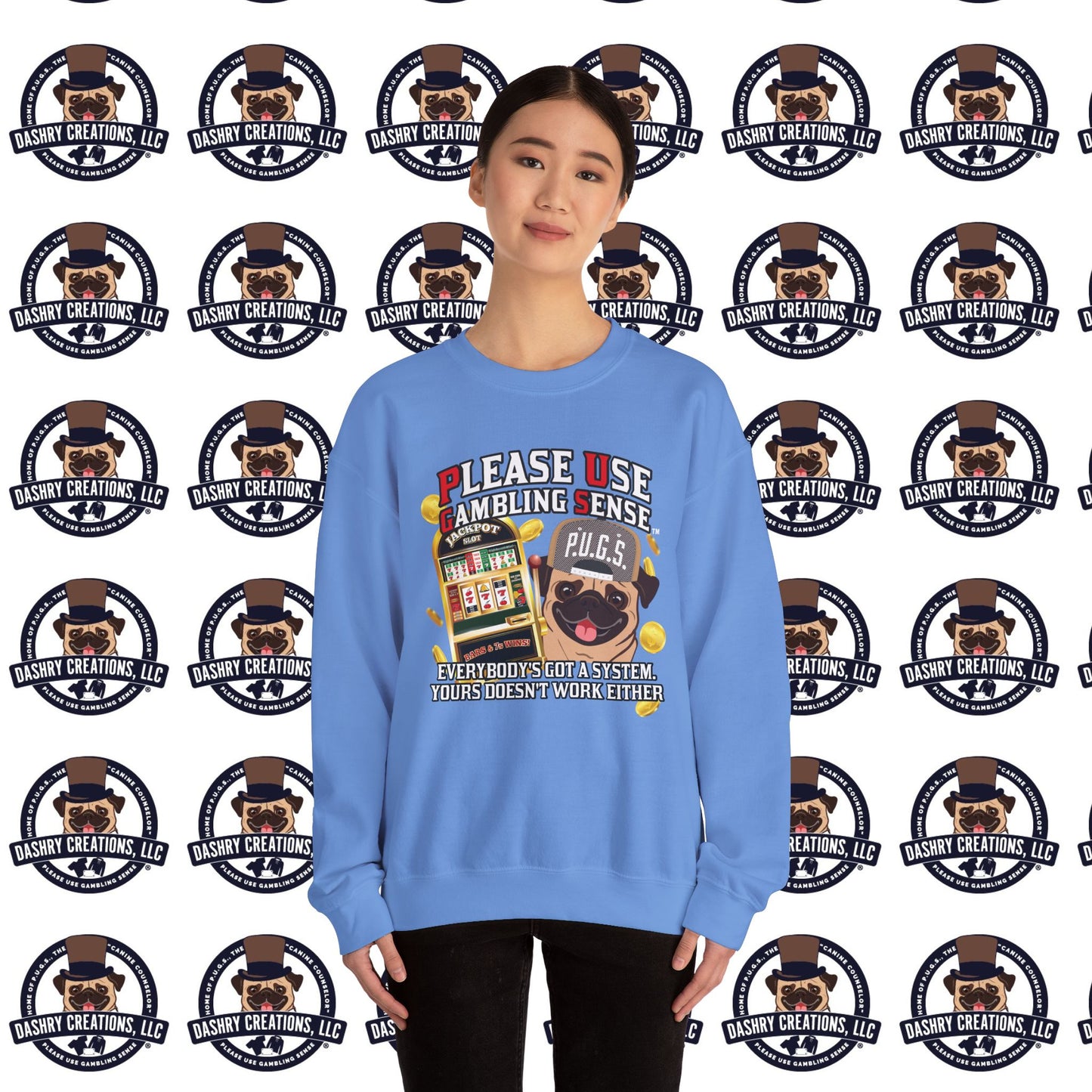 Slots “Everybody’s Got A System” Tan & White Backwards Baseball Cap Unisex Heavy Blend™ Crewneck Sweatshirt