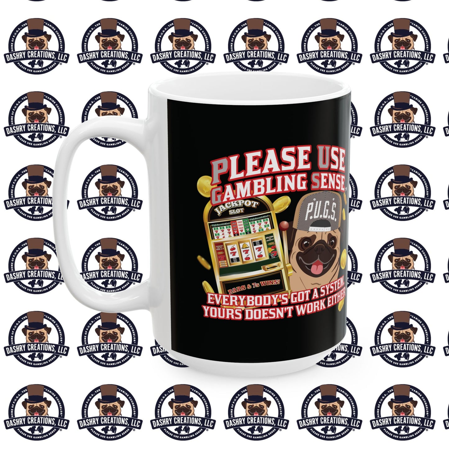 Slots “Everybody’s Got A System” Tan & White Backwards Baseball Cap Ceramic Mug, (11oz, 15oz)