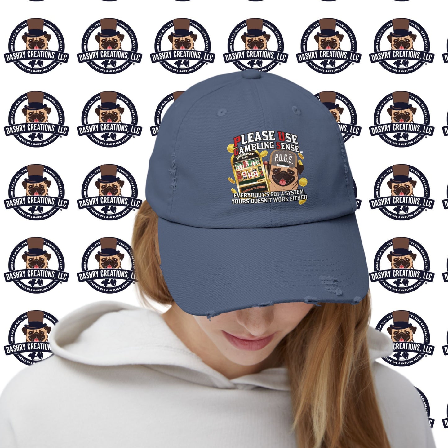 Slots “Everybody’s Got A System” Tan & White Backwards Baseball Cap Unisex Distressed Cap