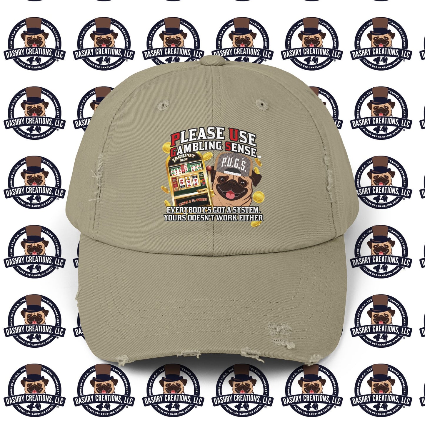 Slots “Everybody’s Got A System” Tan & White Backwards Baseball Cap Unisex Distressed Cap