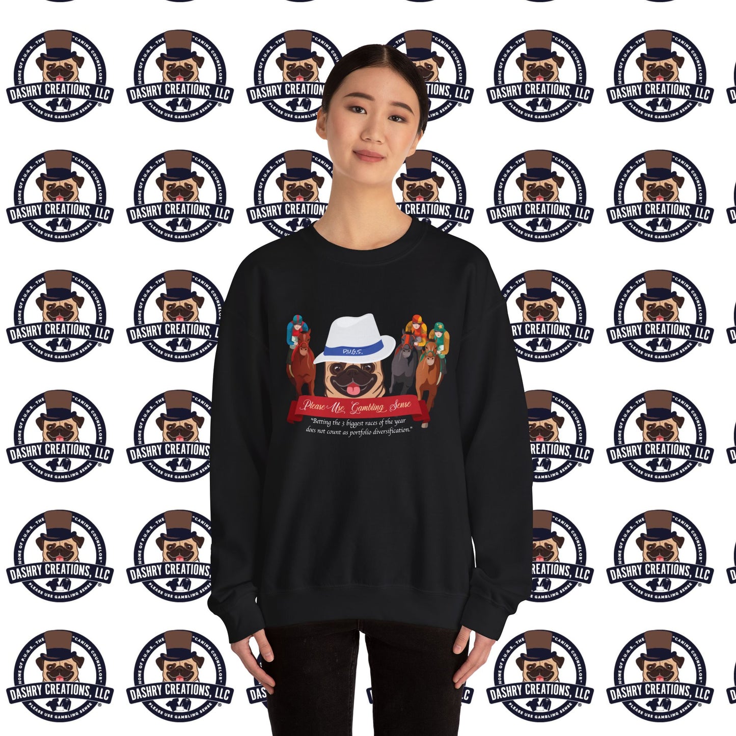 Horse Racing “Portfolio Diversification” White with Blue Band Men’s Fedora Hat Unisex Heavy Blend™ Crewneck Sweatshirt
