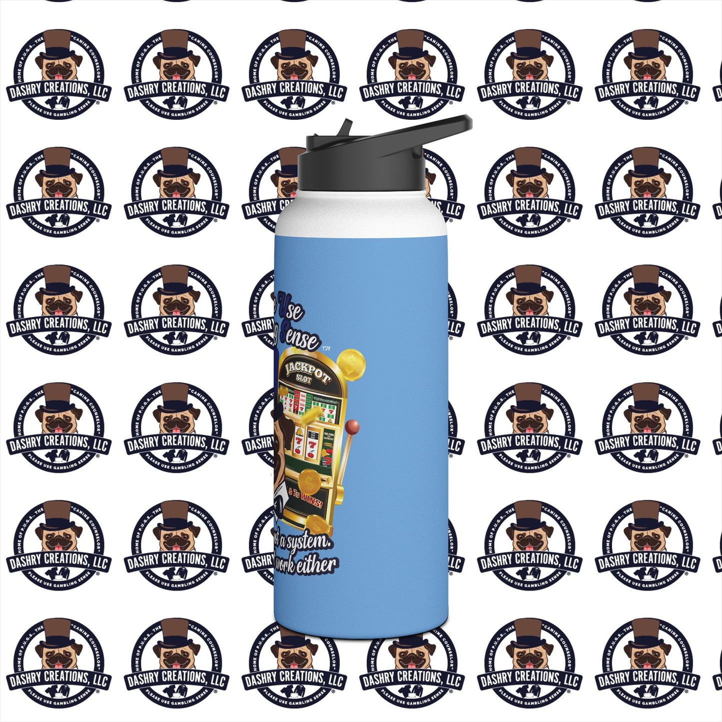 Slots “Everybody’s Got A System” Blue & Black Top Hat Stainless Steel Water Bottle, Standard Lid