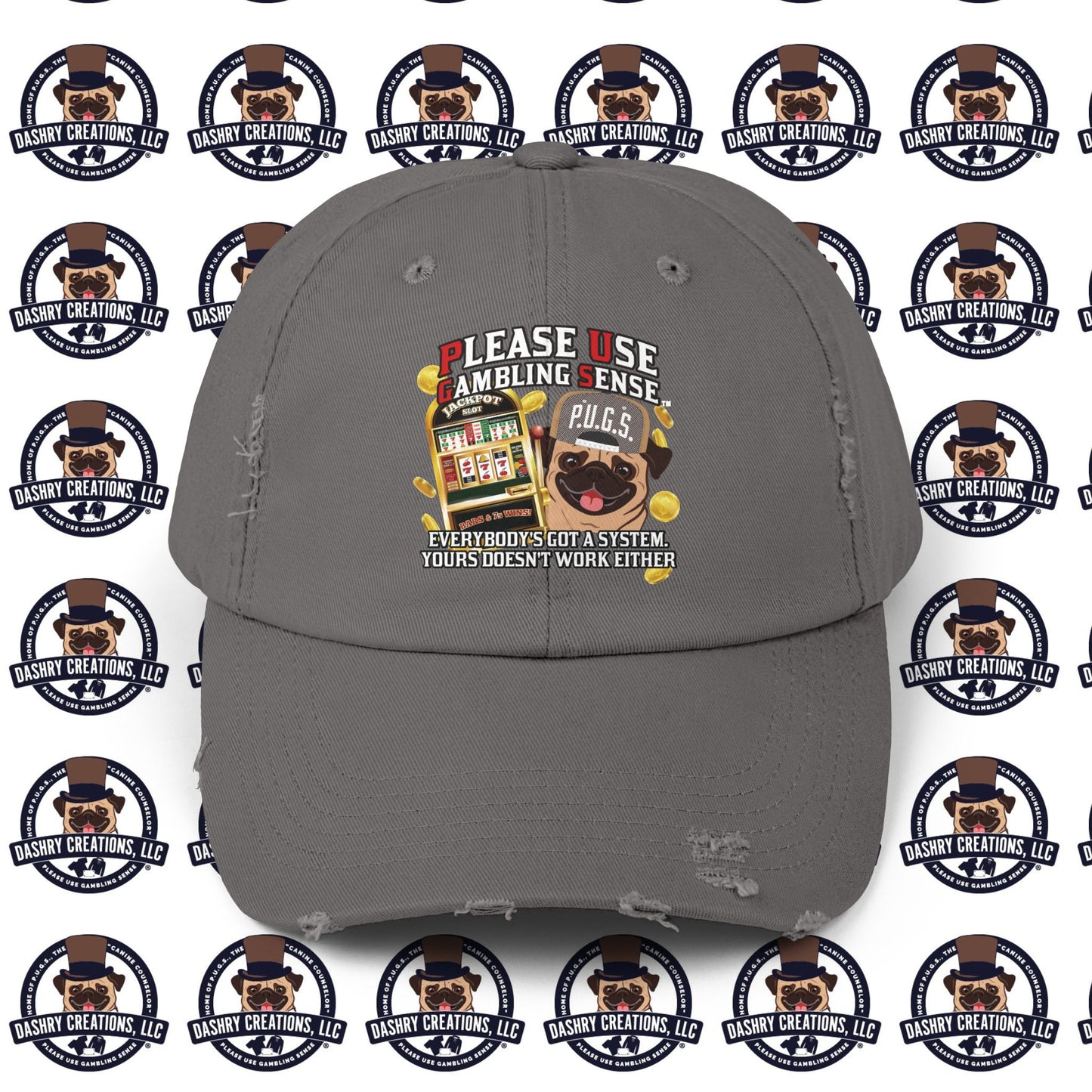 Slots “Everybody’s Got A System” Tan & White Backwards Baseball Cap Unisex Distressed Cap