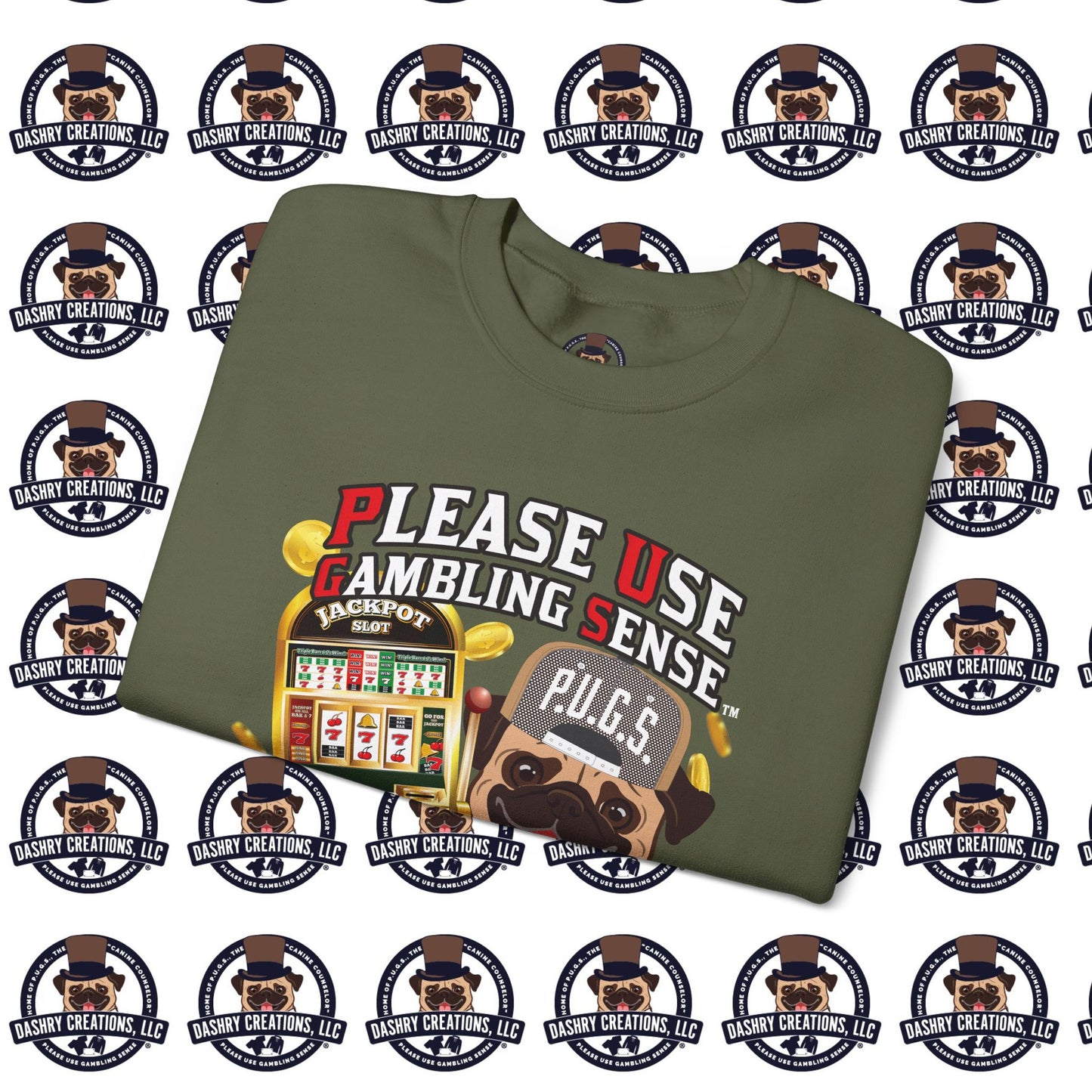 Slots “Everybody’s Got A System” Tan & White Backwards Baseball Cap Unisex Heavy Blend™ Crewneck Sweatshirt