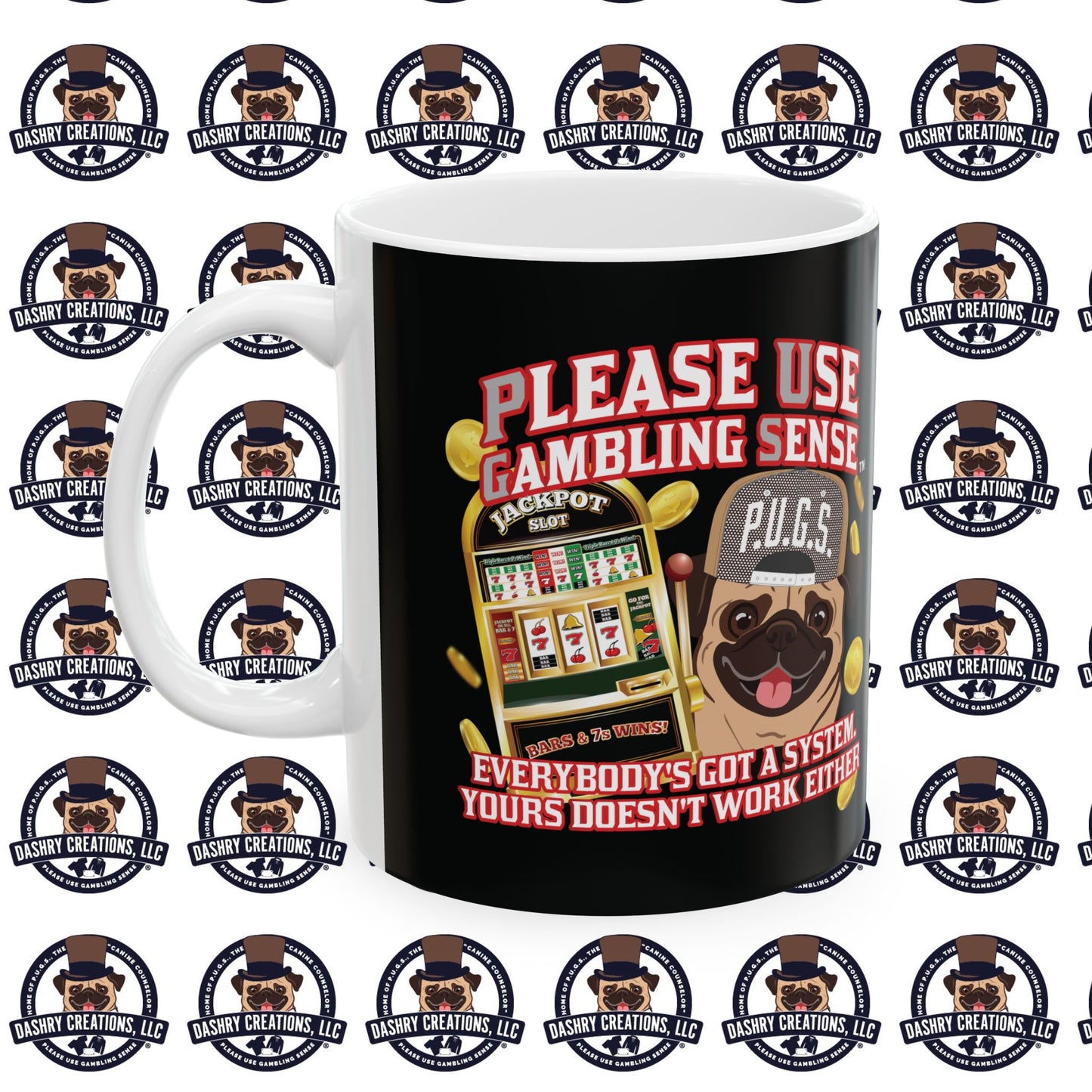 Slots “Everybody’s Got A System” Tan & White Backwards Baseball Cap Ceramic Mug, (11oz, 15oz)